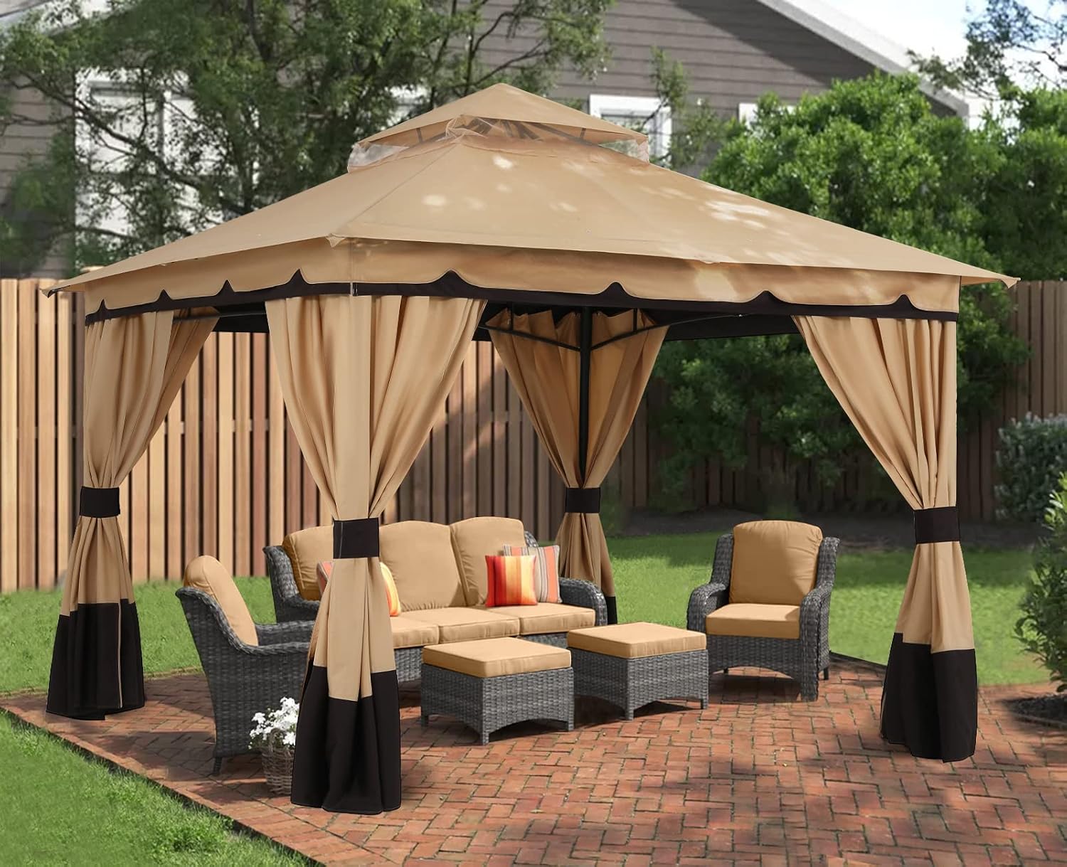 ABCCANOPY 8'x8' Outdoor Gazebo, Double Roof Patio Gazebo with Shade Curtains, Beige
