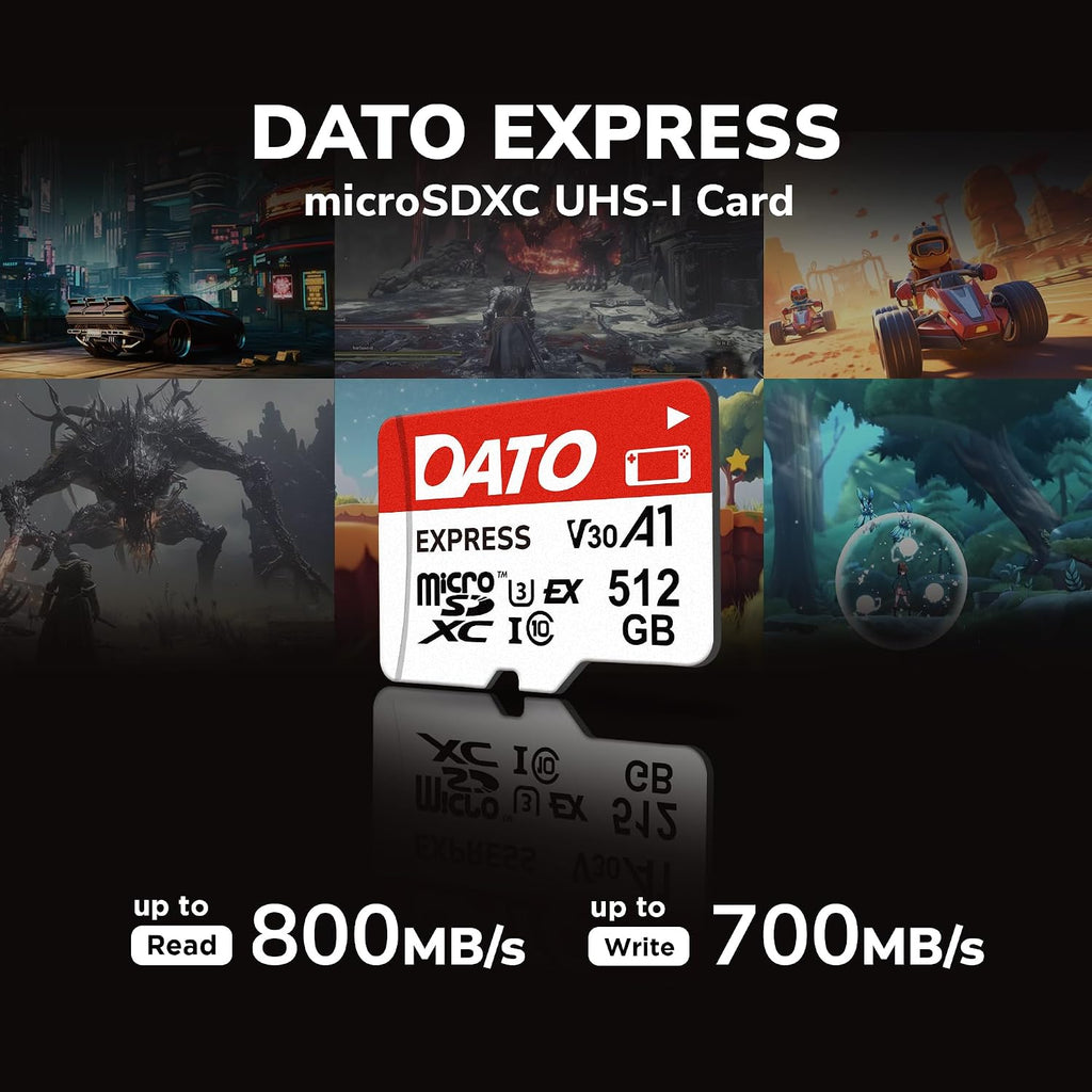 DATO Express 512GB microSDXCEX Memory Card PCIe Gen3x1 NVMe UHS-I C10 U3 V30 A1 4K8K UHD Up to 800/700 MB/s Compatible with Gen Gaming Consoles Switch 2 Action Cameras Drones 360° Cameras