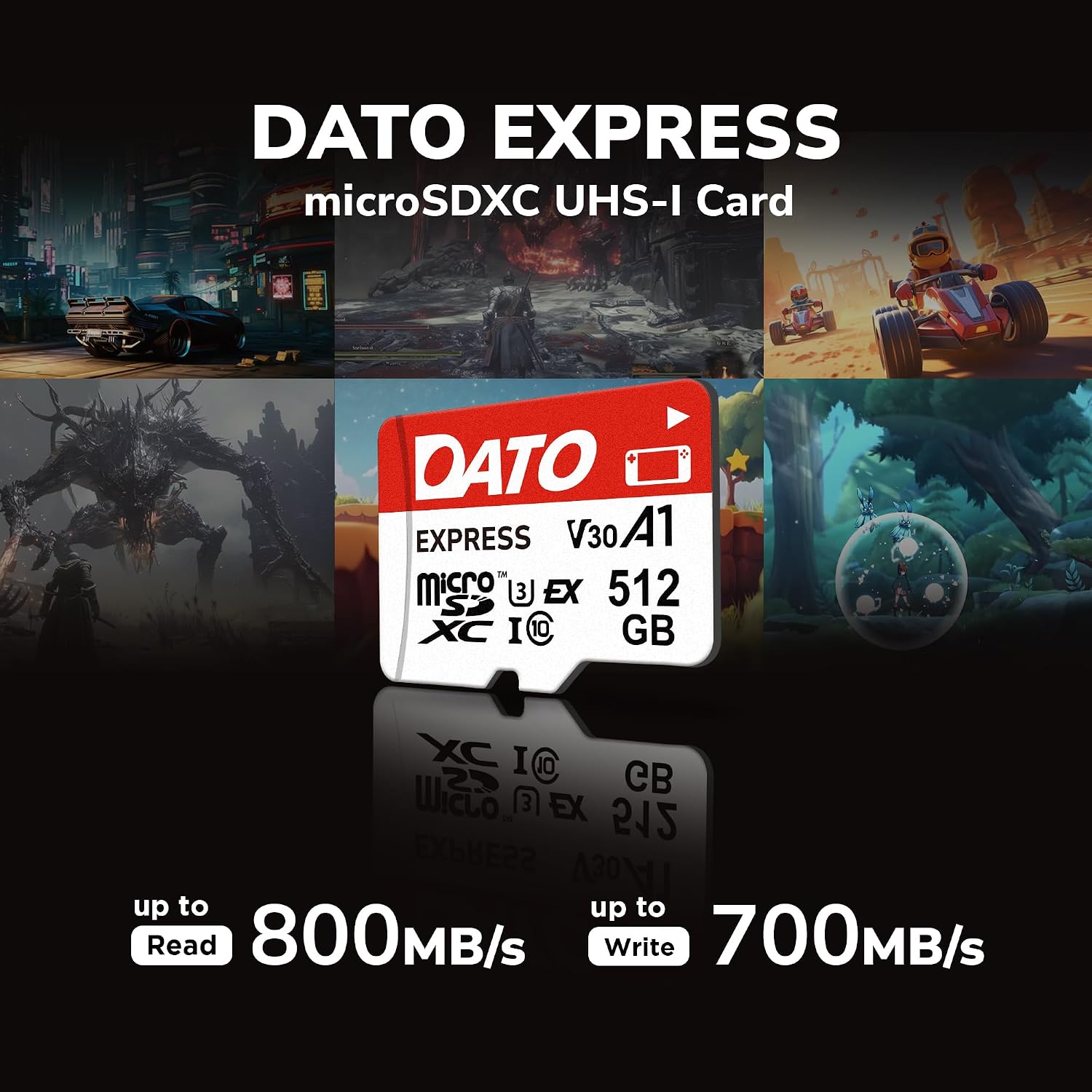DATO Express 512GB microSDXCEX Memory Card PCIe Gen3x1 NVMe UHS-I C10 U3 V30 A1 4K8K UHD Up to 800/700 MB/s Compatible with Gen Gaming Consoles Switch 2 Action Cameras Drones 360° Cameras