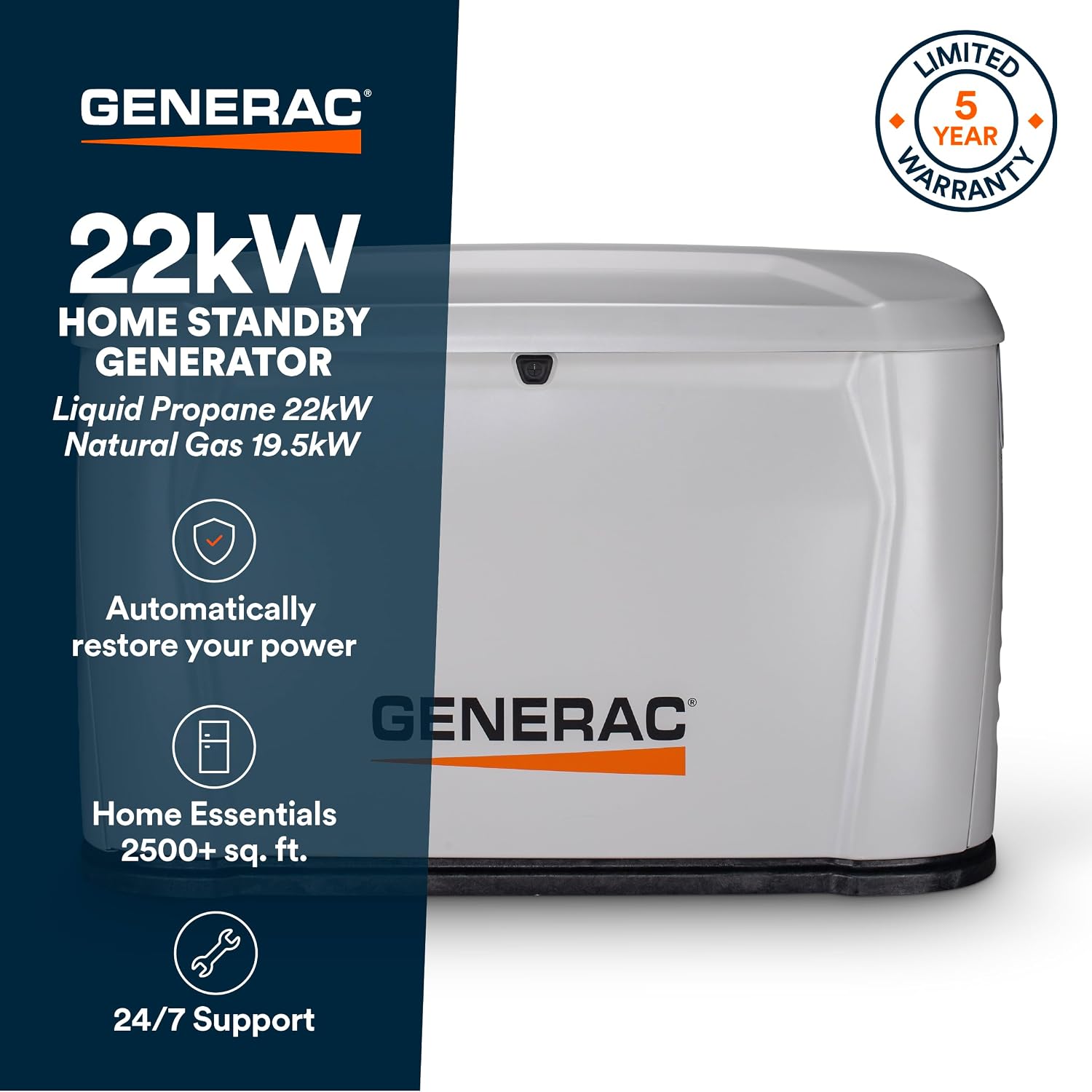 Generac 22kW Home Standby Generator for home use, built-in cellular connectivity, whole house generator for power backup