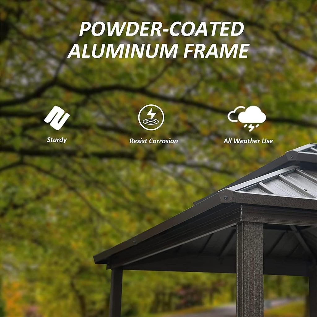 8' x 6' Hardtop Grill Gazebo, Aluminum BBQ Shelter with Double Steel Roof & 2 Shelves, Outdoor Metal Gazebo for Patio, Lawn, Deck, Backyard, Brown