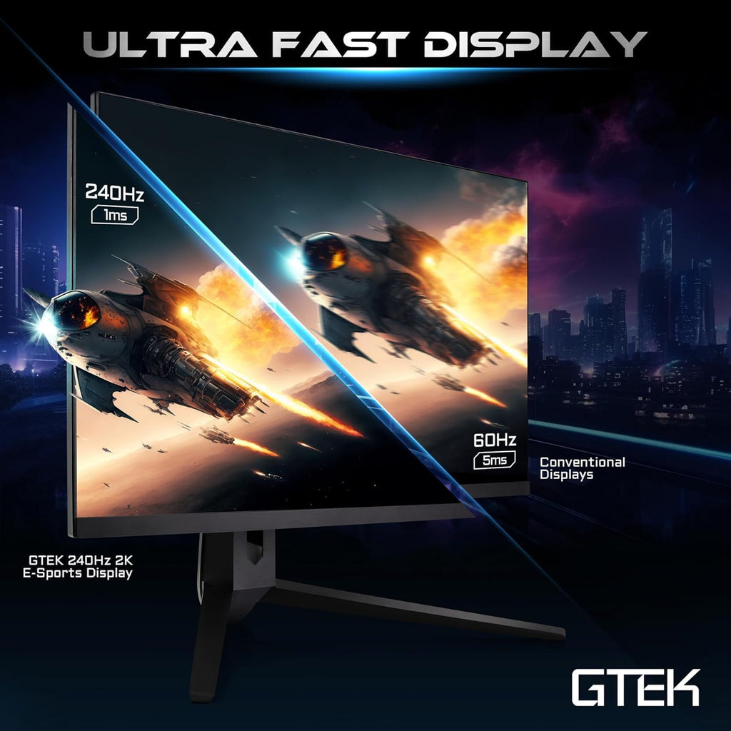 GTek 27' 2K QHD 2560×1440p Gaming Monitor, 240Hz Refresh, 1ms MPRT, Fast IPS, HDMI DisplayPort, Frameless Design, Adjustable Stand, Perfect for Gaming, Streaming & Productivity