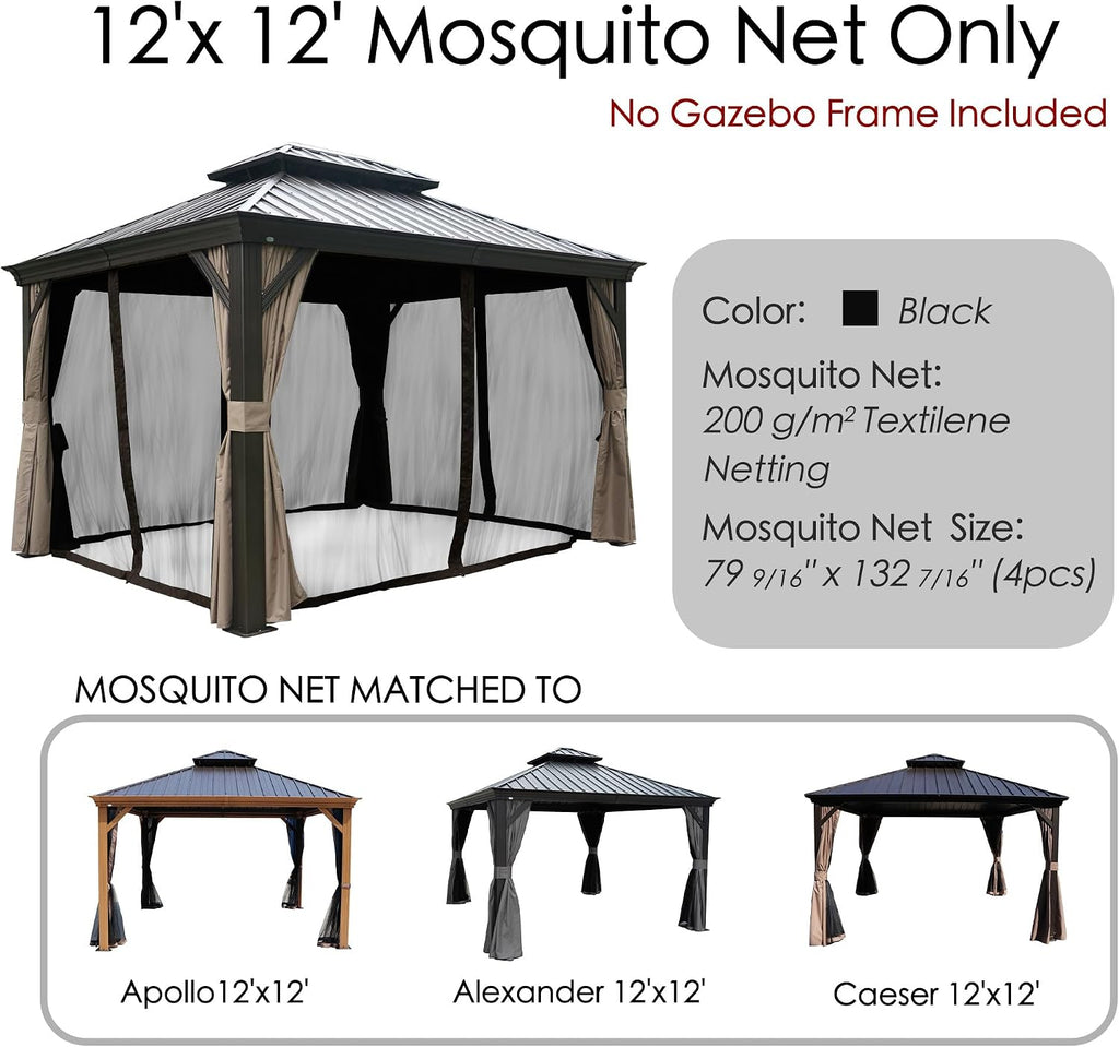 Kozyard Gazebo Privacy Screen Netting for 12' x 12' Gazebo, Textilene Mesh Net for Hardtop Gazebo, Breathable Outdoor Gazebo Netting