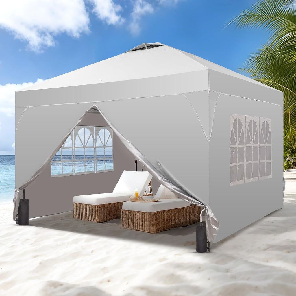 12x12 Pop Up Canopy Tent with One Push Setup, Outdoor Sun Shade Canopy with Vent Top for Backyard Party, Easy Up Instant Shelter with 4-Sandbags & Wheel Bag, White.