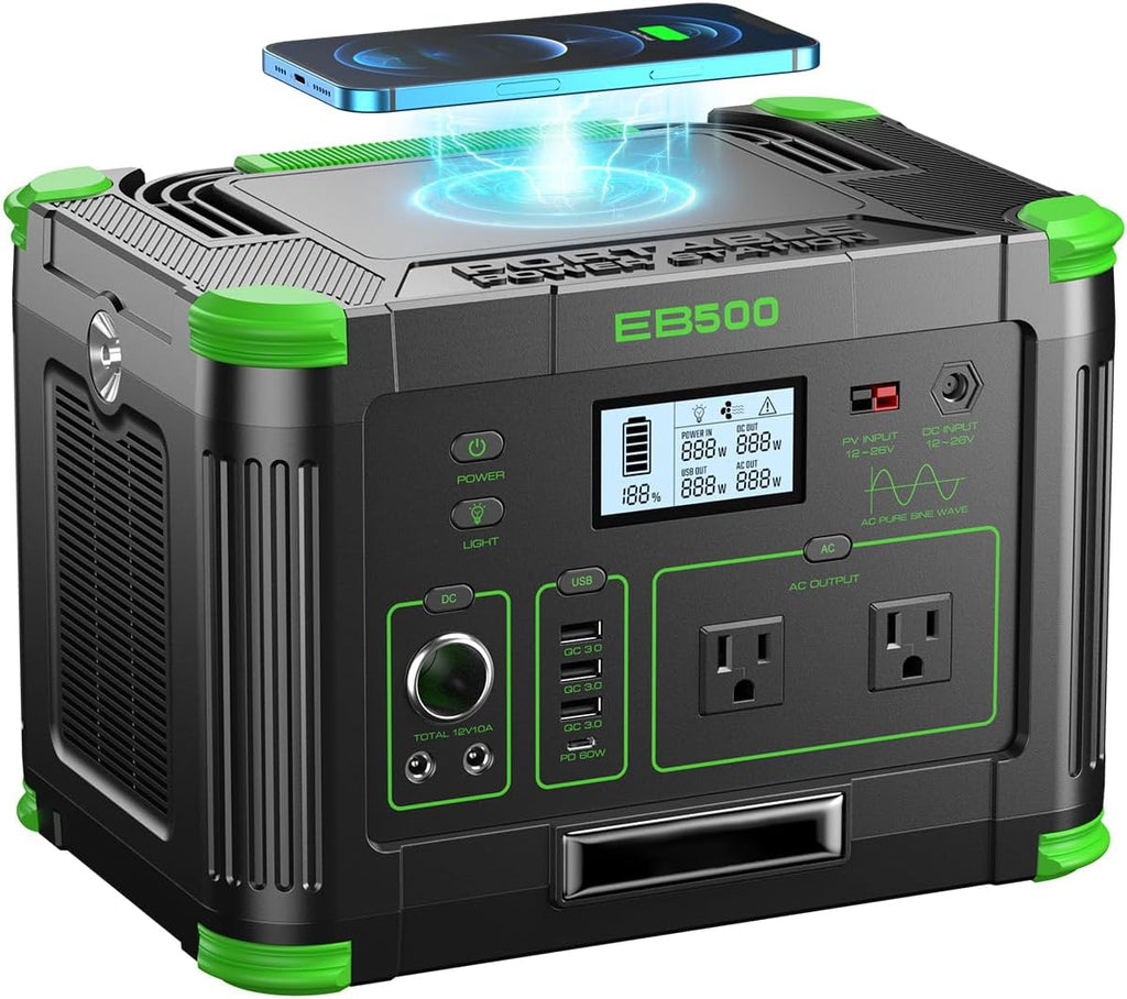 500W Portable Power Station (1000W Peak), 2x 110V AC Outlets & 60W USB-C PD, 10-Output Portable Power Bank with Wireless Charger for Camping, RV Travel, and Home Emergency Power Backup Off-Grid Living