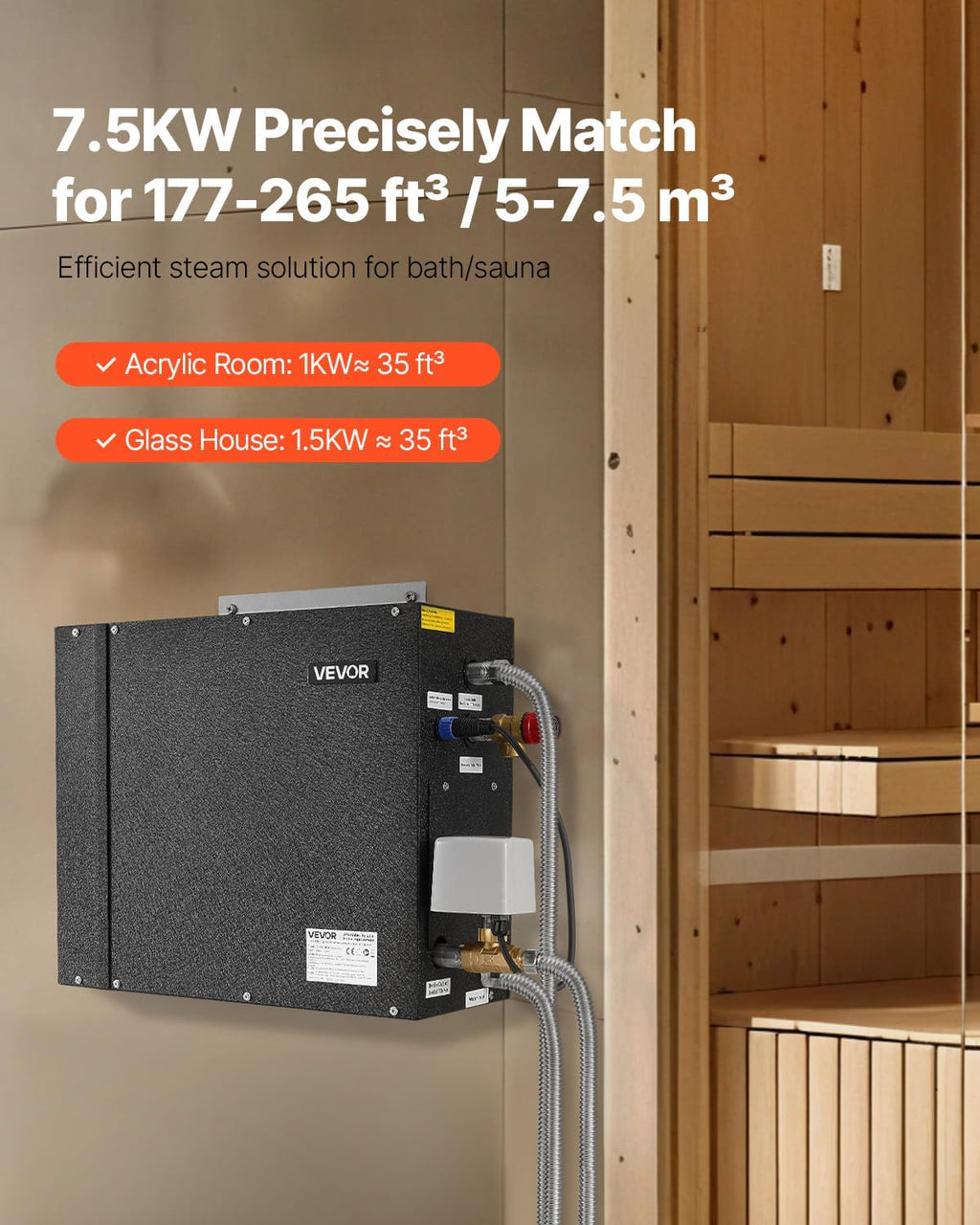 VEVOR Steam Generator, 7.5 kW Steam Shower System with Controller for Home Sauna & Spa, Commercial Auto Drain Kit with Overheat, Dry-Run & Overpressure Protection, 10min to 24h Timer, Black