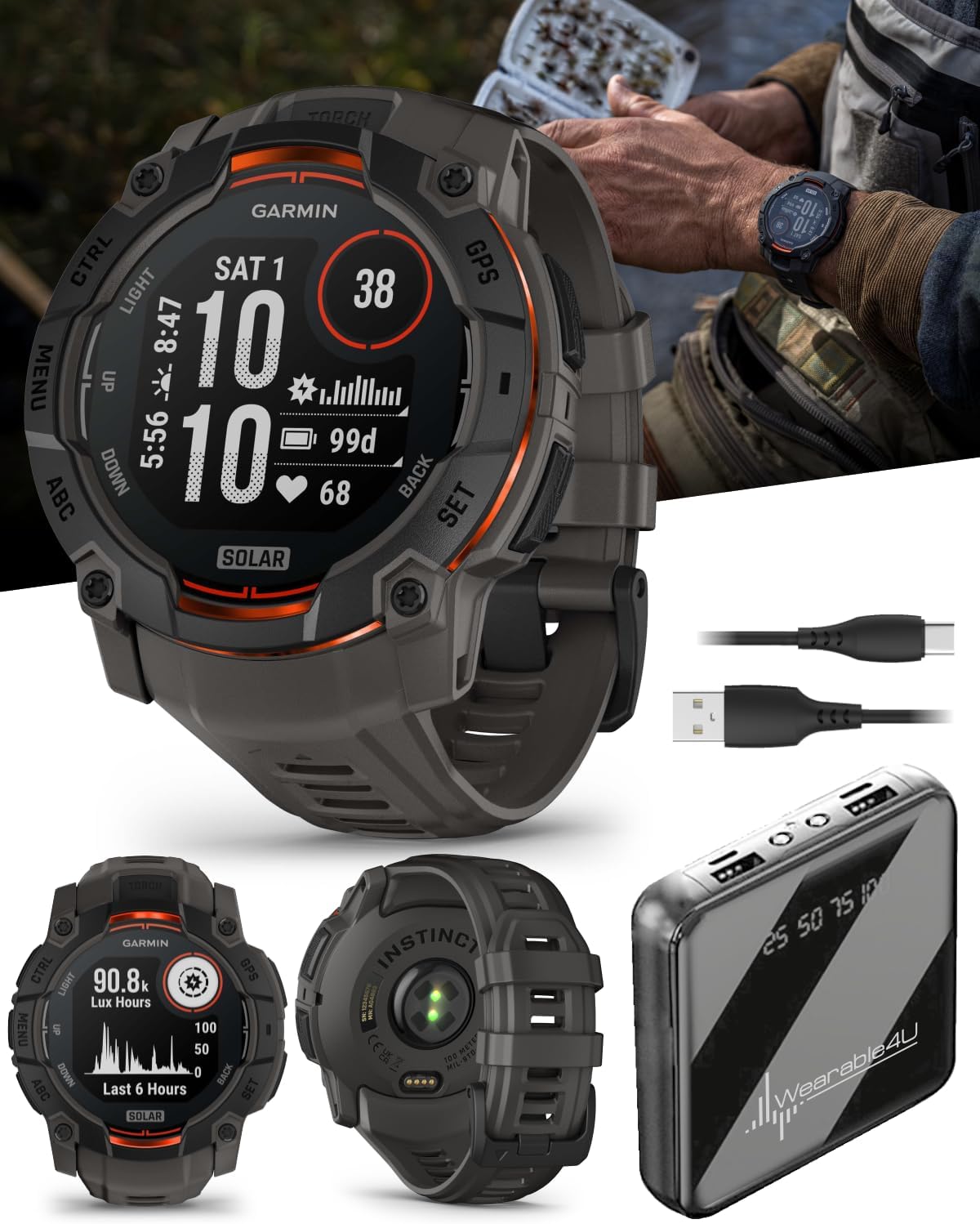 Garmin Instinct 3 Solar 50 mm, Rugged Outdoor GPS Smartwatch, Built-in Flashlight, Up to 40 Days of Battery Life, Black with Charcoal Band Bundle