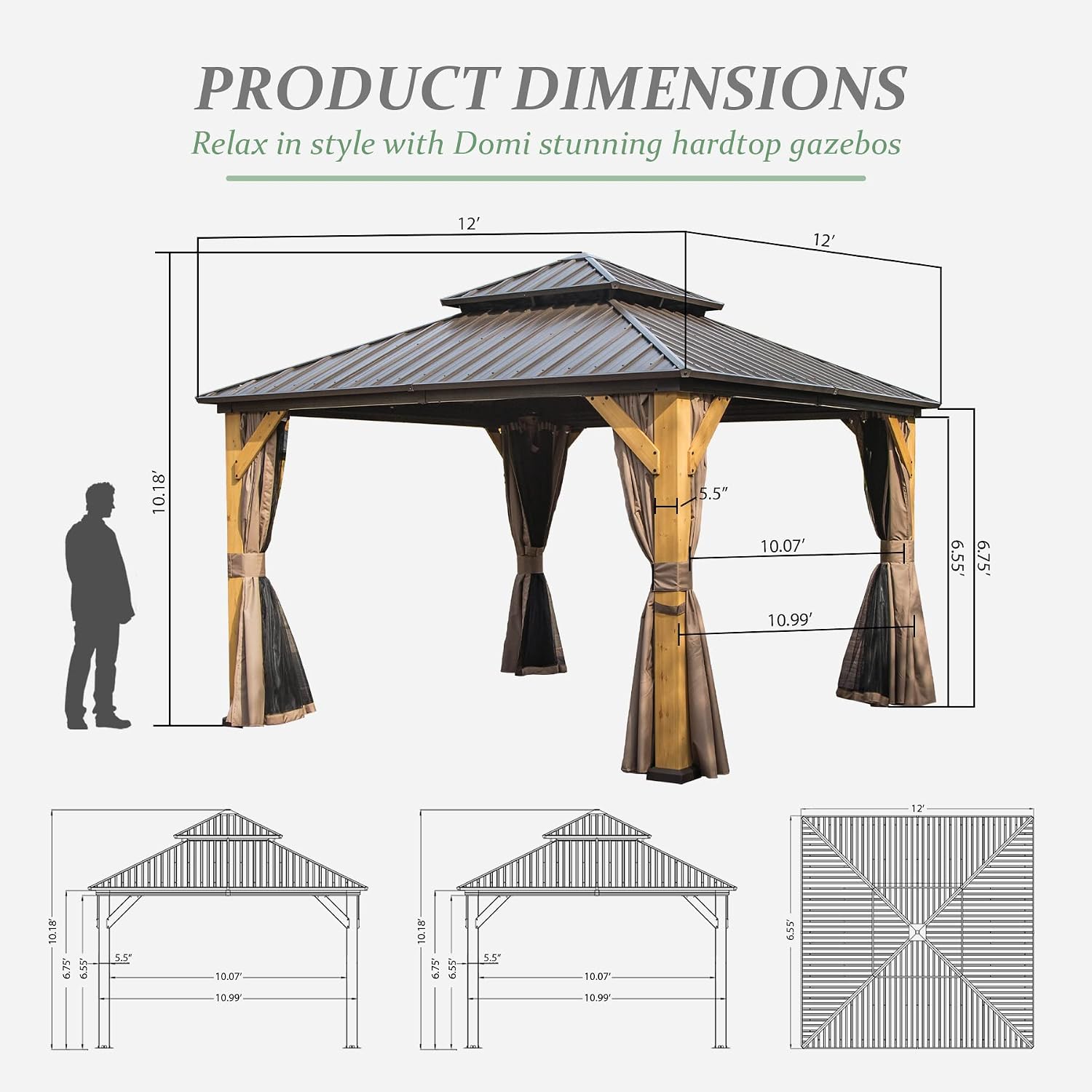 Domi 12' X 12' Wood Gazebo, Cedar Frame Hardtop Gazebo with Galvanized Steel Double Roof, Netting & Curtains, Patio Pergola Pavilion for Patio, Backyard, Deck, Lawns