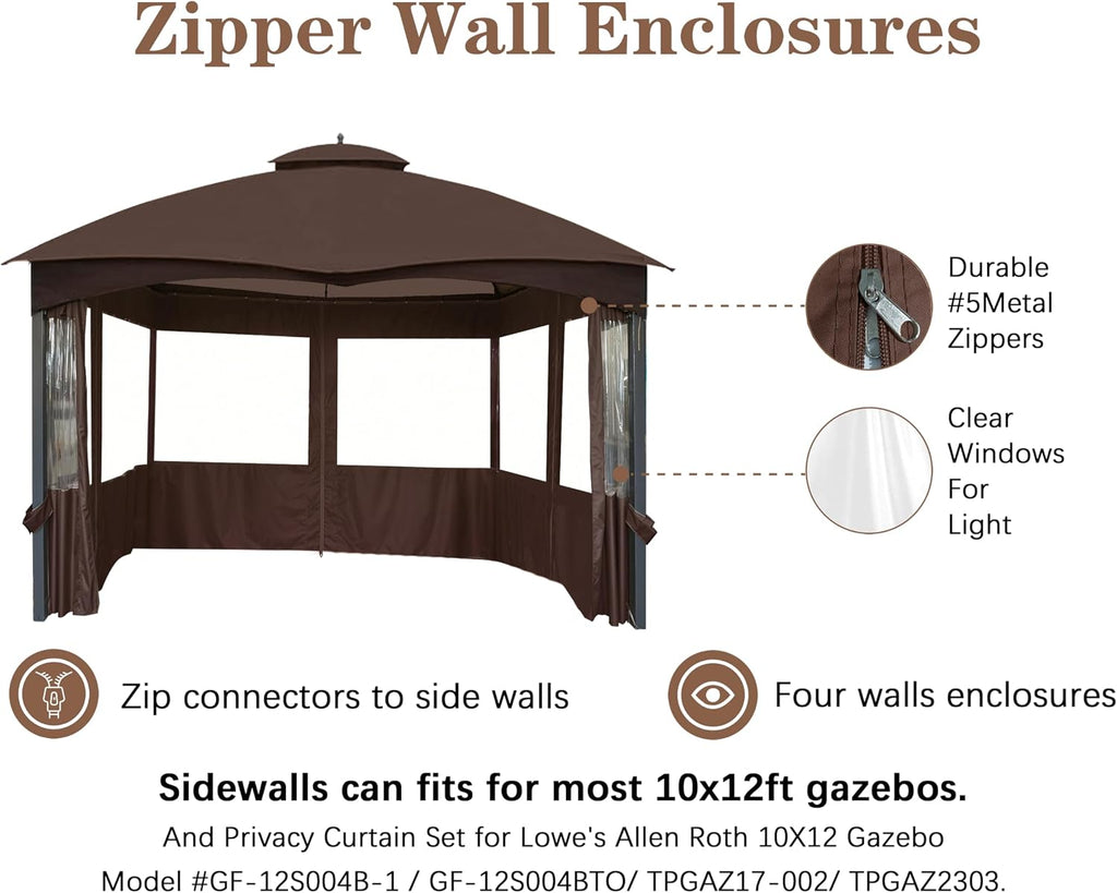 SCOCANOPY 10' x 12' Clear Window Gazebo Privacy Curtain Set for Lowe's Allen Roth 10X12 Gazebo Model #GF-12S004B-1 / GF-12S004BTO/ TPGAZ17-002,(Brown)