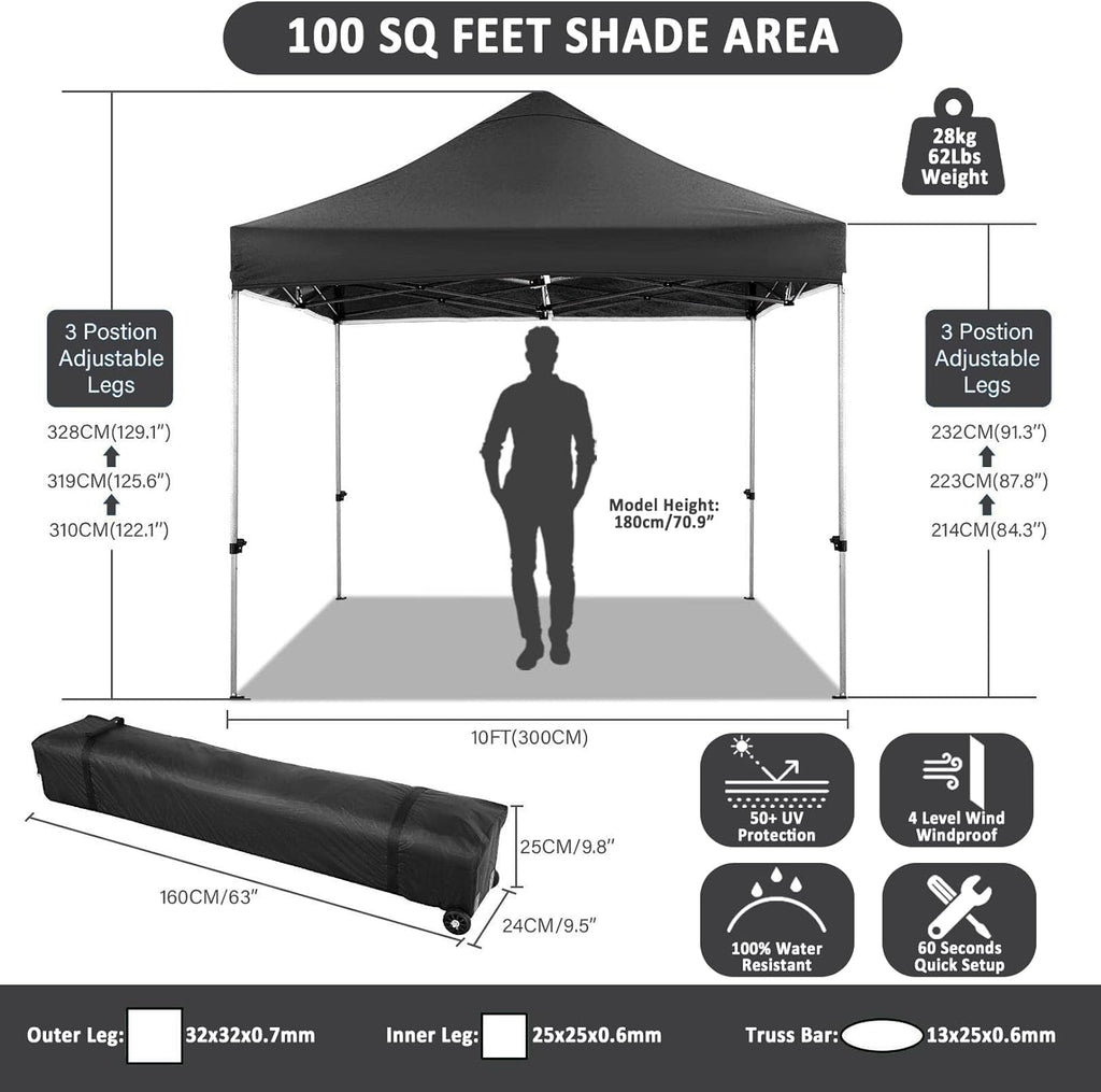 COBIZI 10x10 Pop Up Canopy Tent 10x10 Canopy with 4 Sidewalls Waterproof Heavy Duty Commercial Canopy Tent for Parties Outdoor Garden Gazebo, Carry Bag with Wheel(10x10ft, Black)