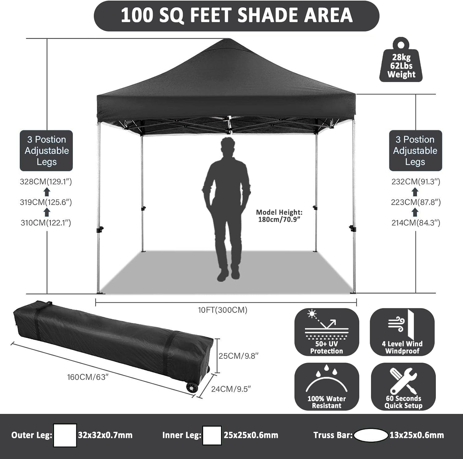 COBIZI 10x10 Pop Up Canopy Tent 10x10 Canopy with 4 Sidewalls Waterproof Heavy Duty Commercial Canopy Tent for Parties Outdoor Garden Gazebo, Carry Bag with Wheel(10x10ft, Black)