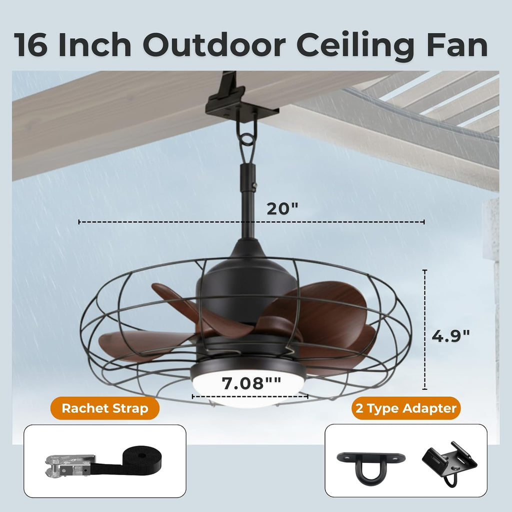 CondoMounts ZeboZap ZZFANC201B 20' Outdoor Ceiling Fan with Lights for Patios, Gazebo and Pergola. Plug in Gazebo Ceiling Fan with Remote Control, Waterproof Caged Hanging Fans with Hook and strap