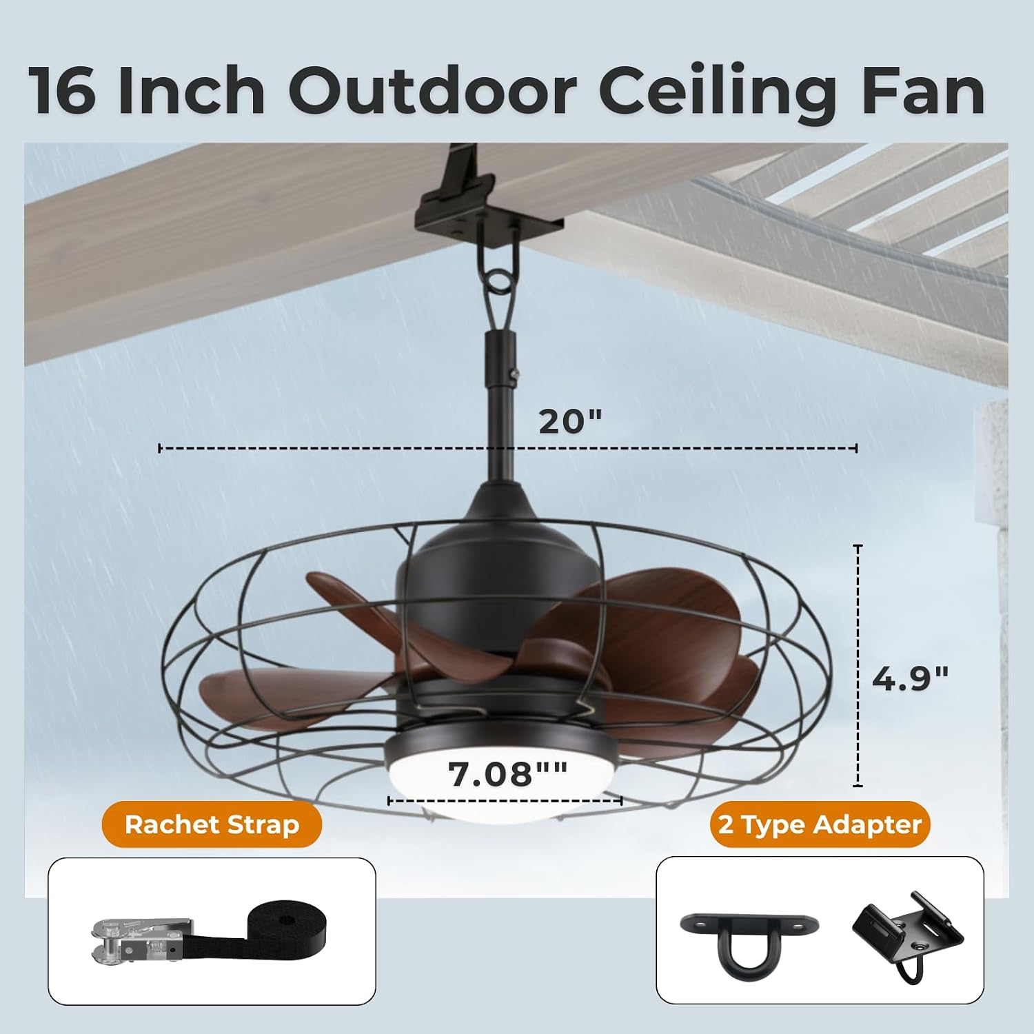 CondoMounts ZeboZap ZZFANC201B 20' Outdoor Ceiling Fan with Lights for Patios, Gazebo and Pergola. Plug in Gazebo Ceiling Fan with Remote Control, Waterproof Caged Hanging Fans with Hook and strap