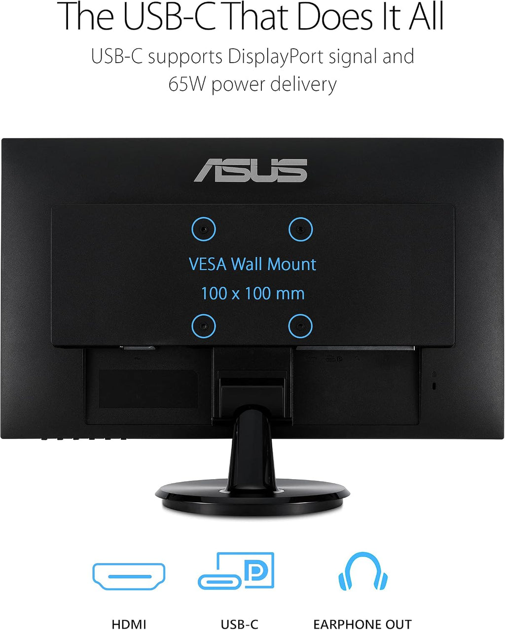 ASUS 23.8' 1080P Monitor (VA24DCP) - Full HD, IPS, 75Hz, USB-C 65W Power Delivery, Speakers, Adaptive-Sync/FreeSync, Low Blue Light, Flicker Free, VESA Mountable, Frameless, HDMI