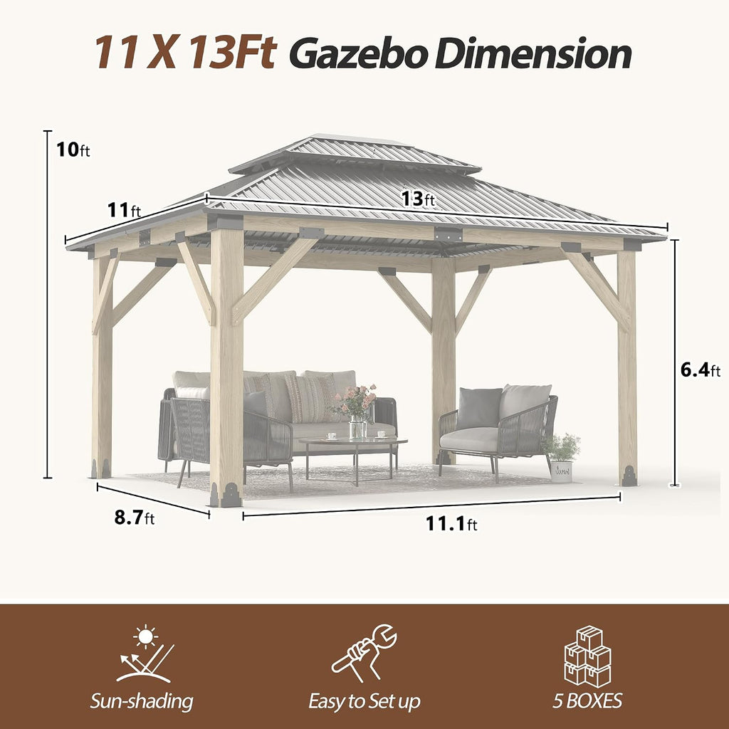 11'x13' Wood Gazebo,Outdoor Hardtop Gazebo with Galvanized Steel Doule Roof, Wooden Frame Gazebos for Patio Backyard Deck