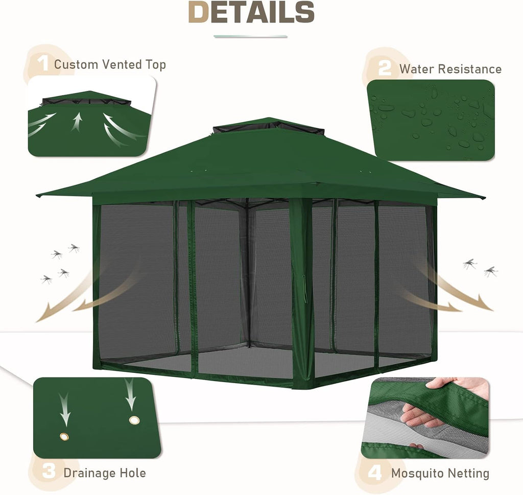 EAGLE PEAK 13x13 Pop Up Gazebo with Mesh Netting, Easy Up Screened Canopy for Patio and Backyard, Easy Set up Outdoor Gazebo (Green)