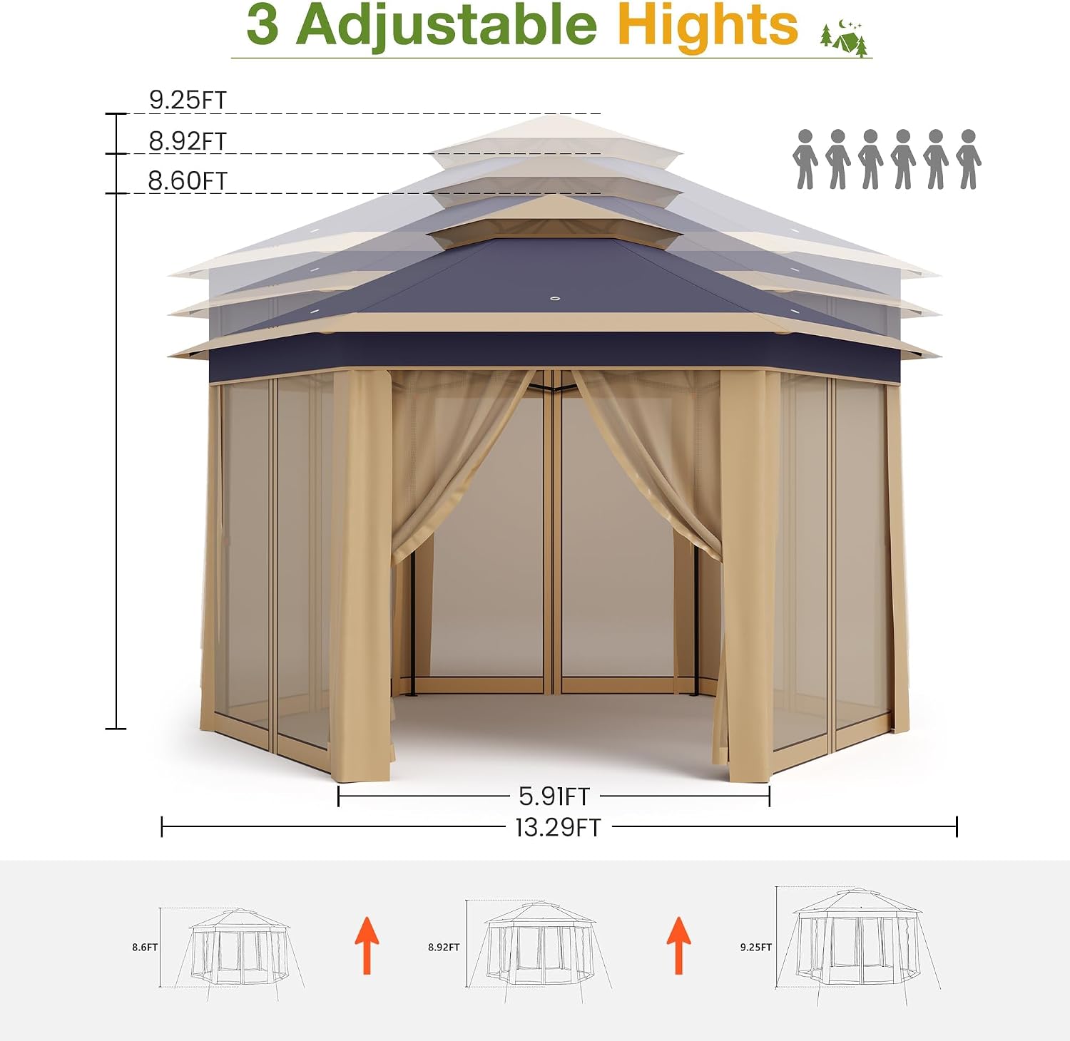13 x 13FT Pop Up Gazebo, Instant Canopy Tent with Mosquito Net & Double Roof, Pop Up Canopy Tent Adjustable Height for Patio, Party, Gray&Khaki