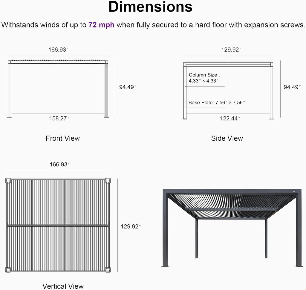 PURPLE LEAF Louvered Pergola 94AS 11' x 14' Outdoor Aluminum Pergola with Shade Screen Adjustable Roof for Deck Backyard Grey Hardtop Gazebo, 1 Long Side and 2 Short Sides