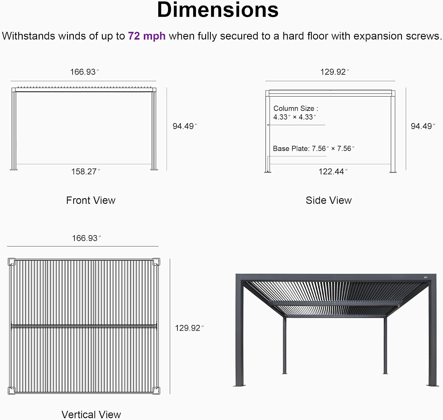 PURPLE LEAF Louvered Pergola 94AS 11' x 14' Outdoor Aluminum Pergola with Fixed Shutter Wall Adjustable Roof for Deck Backyard Grey Hardtop Gazebo, 1 Long Side