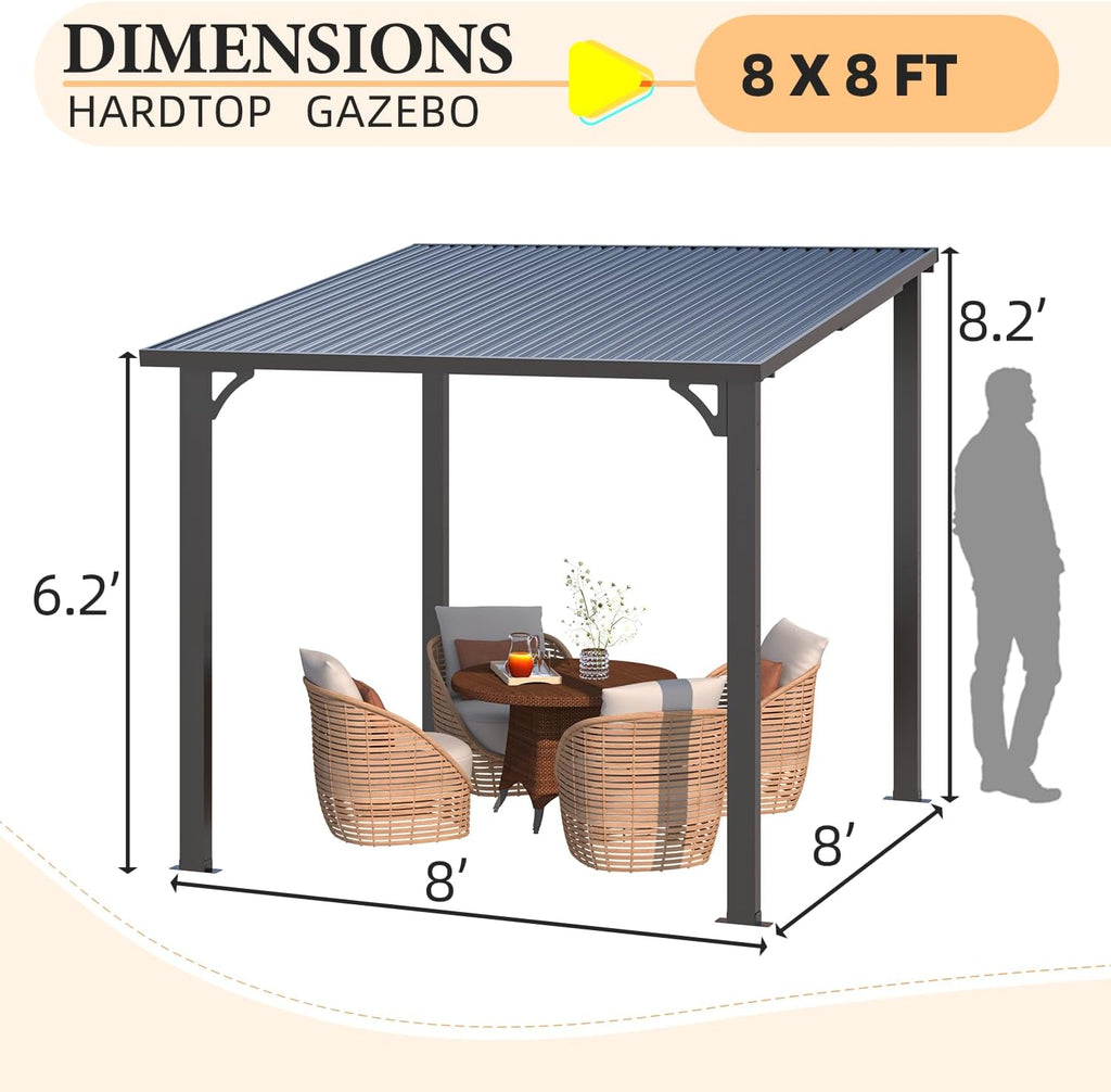 AECOJOY 8x8 Hardtop Gazebo Outdoor Pergola, Small Heavy Duty Lean to Metal Pergolas and Gazebos Clearance, Wall-Mounted Grill Gazebo Galvanized Steel Patio Roof Awnings for Patio, Decks
