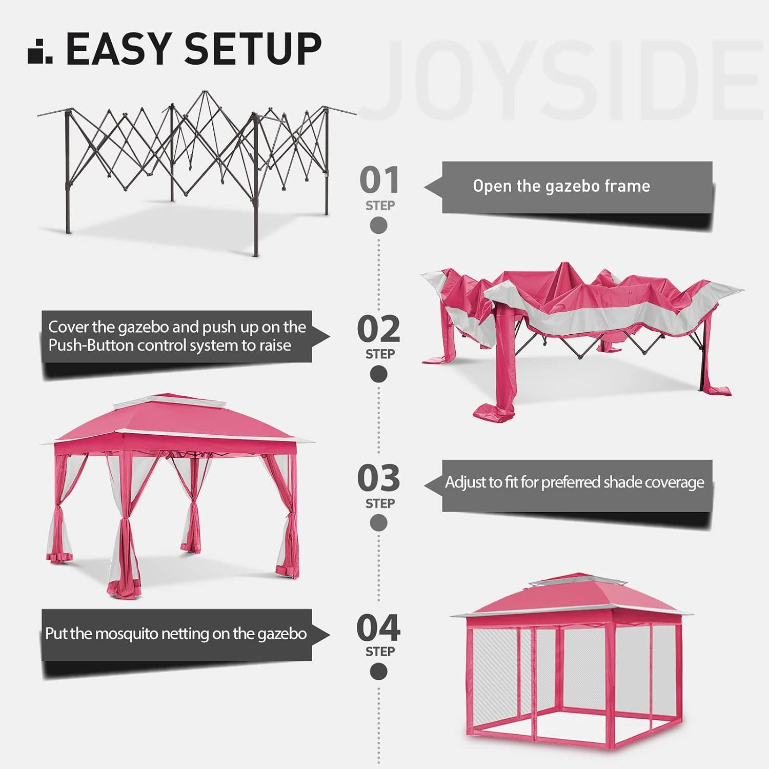 Joyside Pop Up Gazebo with Mosquito Netting - 11' x 11' Canopy Tent for Patios, Outdoor Shelter, Wedding Tent (Pink)