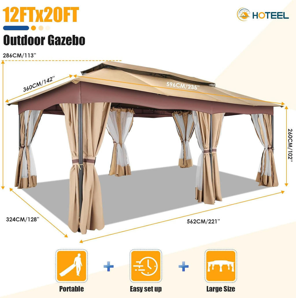 HOTEEL Gazebo 12x20, Outdoor Gazebo on Clearance with Double Ventilated Arc Roof, Privacy Curtains & Mosquito Netting, Easy Set up Canopy Tent with Stable Metal Frame for Patio, Khaki (Upgraded 3.0)