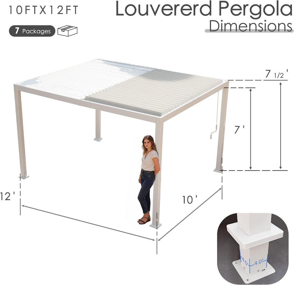 Kozyard Outdoor Louvered Pergola 10' x 12' Pergola Sun Shade All-Weather Aluminum Packing Shelter with Drainage System Adjustable Roof Waterproof for Poolside Balcony Patio Garden Yard White