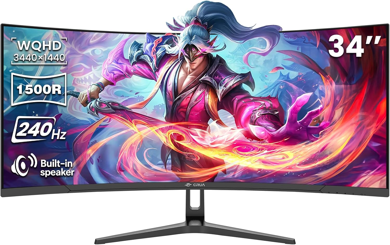 CRUA 34' Curved Gaming Monitor, 240Hz WQHD 3440x1440, UltraWide 21:9, 1500R VA, 120% sRGB, FreeSync, Built-in Speakers, Ideal for Gaming, Streaming, and Office Use, Wall Mountable Installs-Black