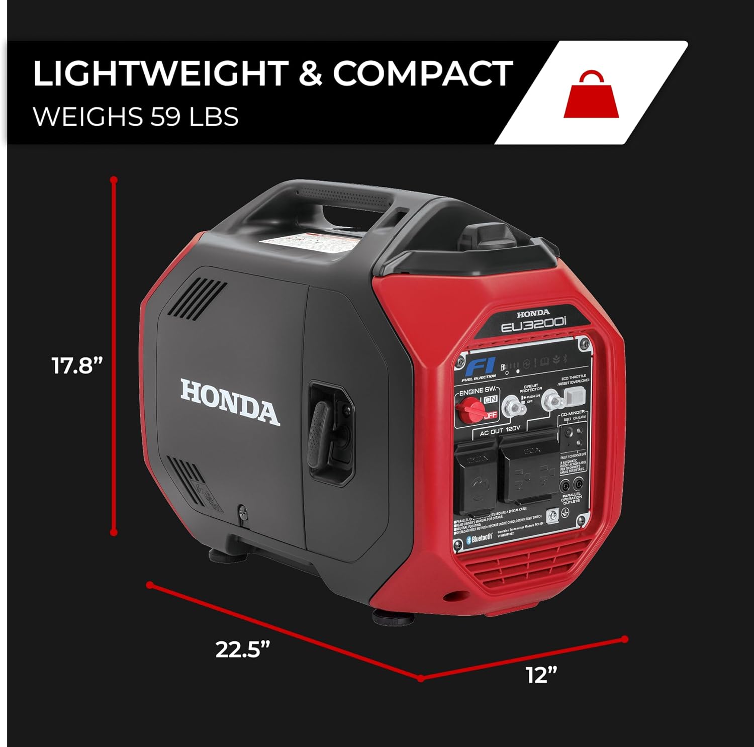 Honda EU3200i 3200 Watt Inverter Generator, Super Quiet 120V Gas Powered Portable Generator for Camping, RV or Home Backup Power Supply, Up to 8.6 Hour Run Time (EU3200IAN)