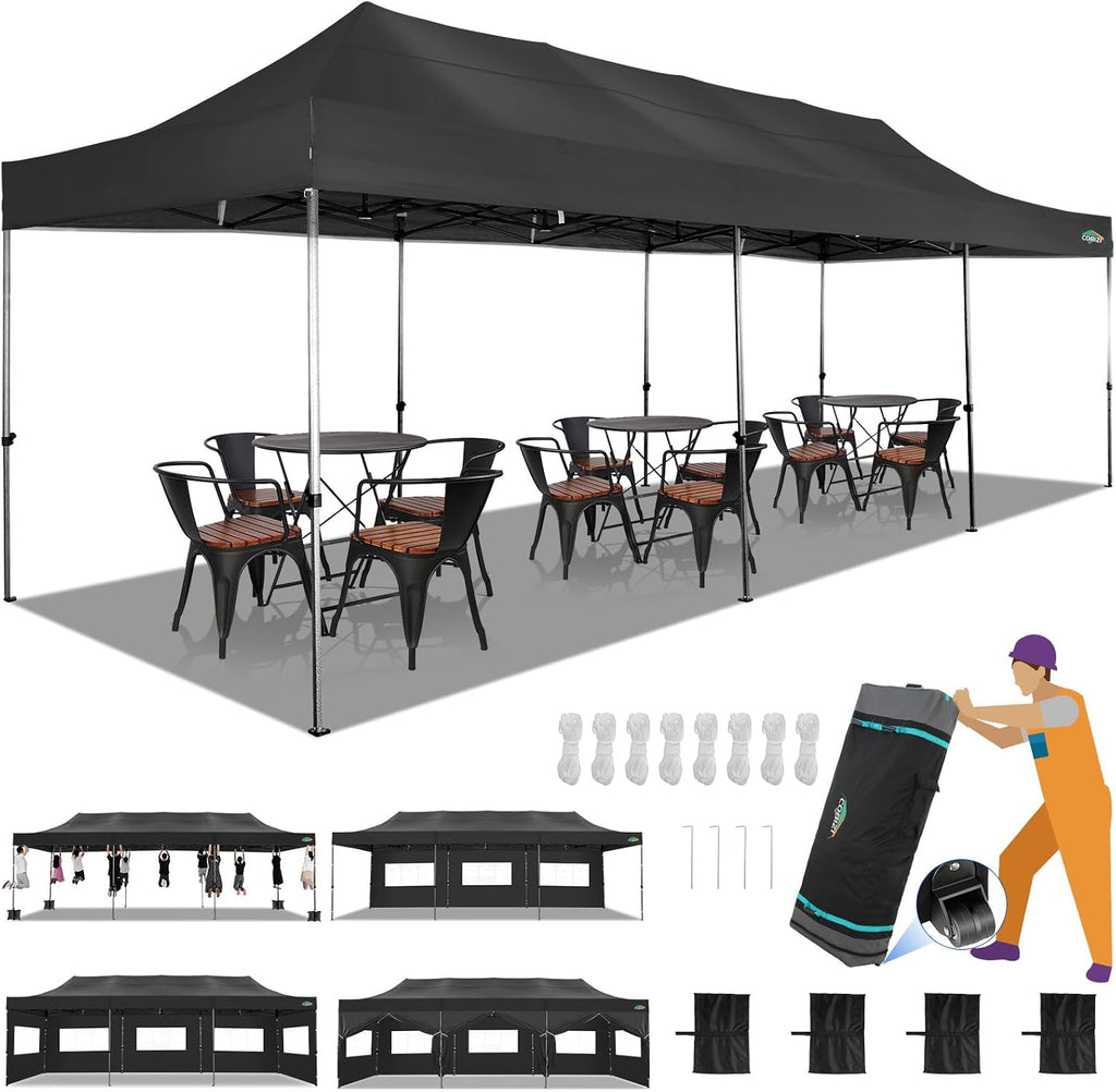 COBIZI 10x30 Heavy Duty Pop up Canopy with 8 sidewalls Party Tent for Parties Weddings Events UPF 50+ Waterproof Commercial Gazebo with Roller Bag, Black(Frame Thickened)