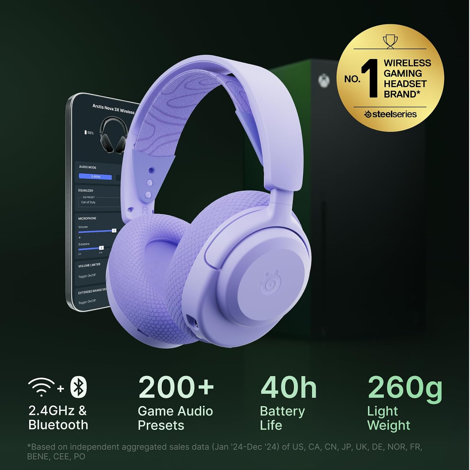 SteelSeries Arctis Nova 3X Wireless Multi-Platform Gaming Headset — Mobile App Control — 40 HR Battery — Neodymium Magnetic Drivers — 2.4GHz/Bluetooth — Xbox, PS5, PC, Switch, Mobile — Lavender