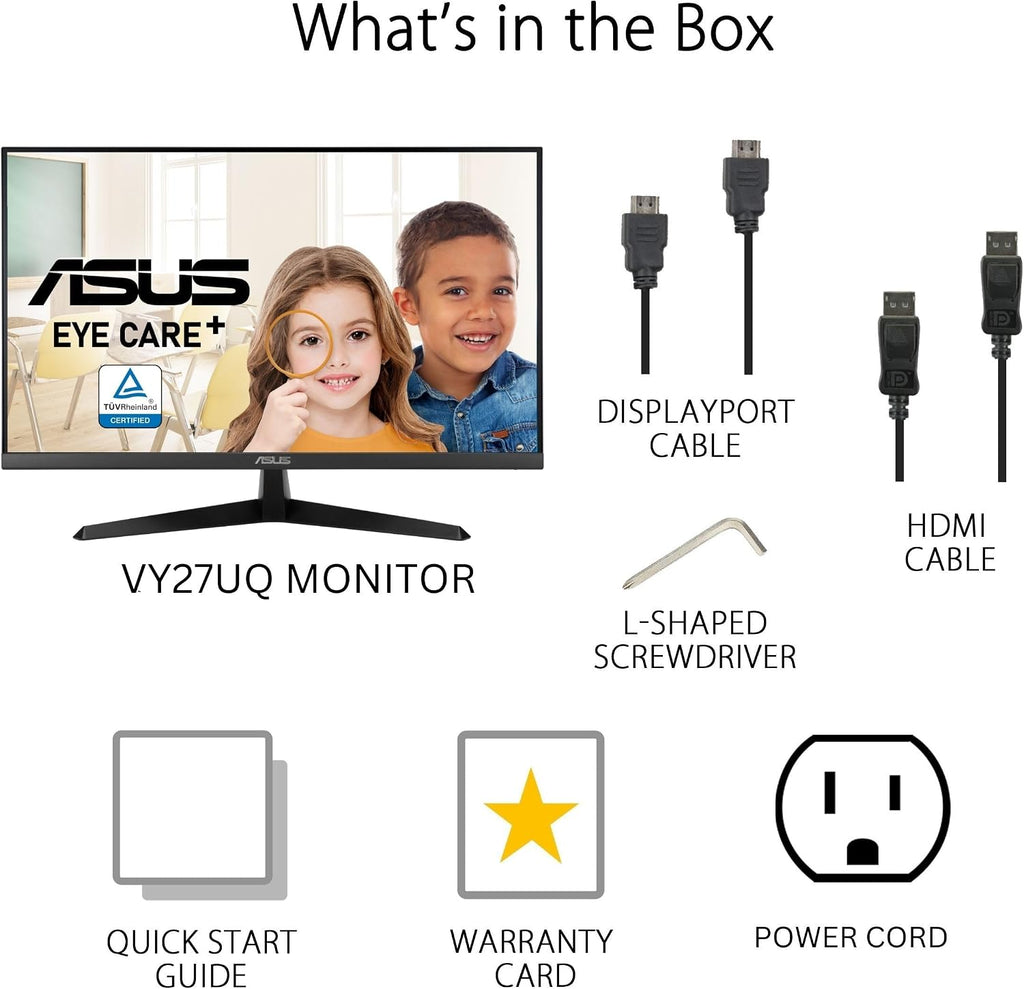 ASUS 27' 4K Eye Care Monitor (VY27UQ) - UHD (3840 x 2160), IPS, HDR10, Adaptive Sync, Eye Care Plus, Display Port, HDMI, Speaker, DisplayWidget, Blue Light Filter, Flicker Free, 3yr Warranty