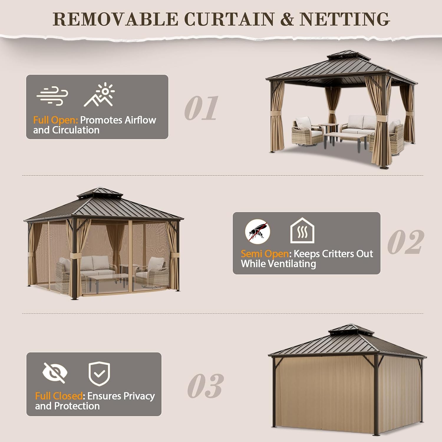 EAGLE PEAK 12x12 Hardtop Gazebo, Galvanized Steel Double Roof with Aluminum Frame, Outdoor Pavilion with Netting and Curtains for Patio, Deck, Lawn and Garden, Dark Brown/Tan