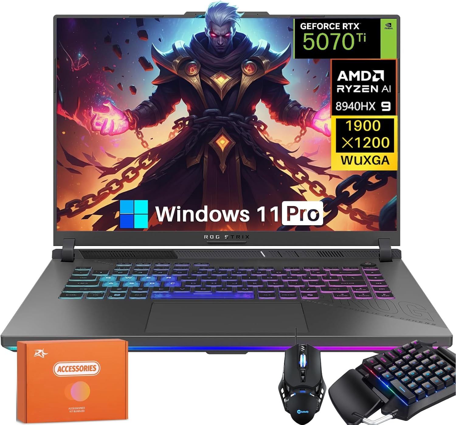ASUS 2025 ROG Strix G16 Gaming Laptop, RTX 5070Ti 12GB GDDR7, Ryzen 9 8940HX (16 Cores, Up to 5.3GHz), 32GB DDR5, 2TB SSD, 16' WUXGA 165Hz, Windows 11 Pro, W/One-Handed Keyboard & Accessories