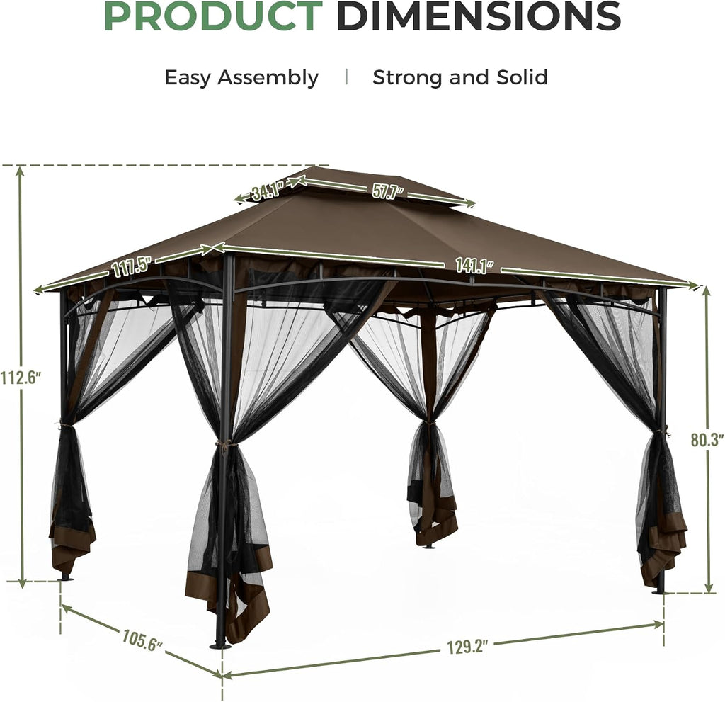 10' X 12' Patio Gazebo with Ventilation Double Roof, Outdoor Gazebo with Removable Mosquito Netting, Easy Up Metal Outdoor Canopy Shelter for Backyard, Garden, Lawn, Brown
