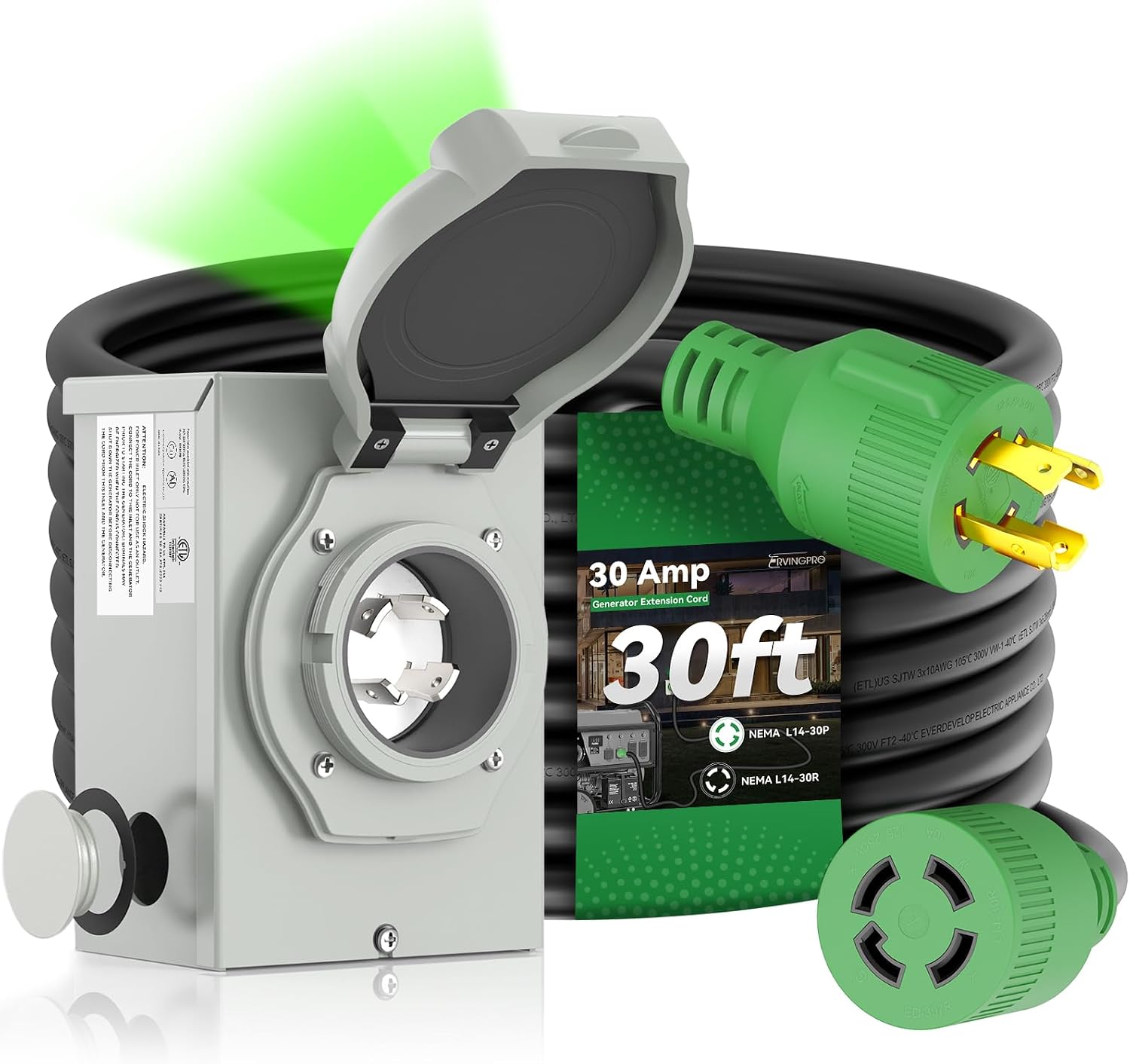 30 Amp Generator Cord 30FT and Power Inlet Box, Pre-Drilled 30 Amp Generator Inlet Box with Cord, NEMA L14-30P to L14-30R Generator Cord Waterproof Combo Kit, ETL Listed