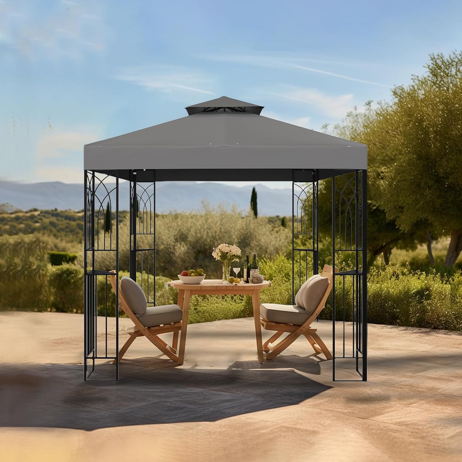 8x8 Outdoor Gazebo for Backyard, Patio Gazebo Tent with Corner Shelves, Gray