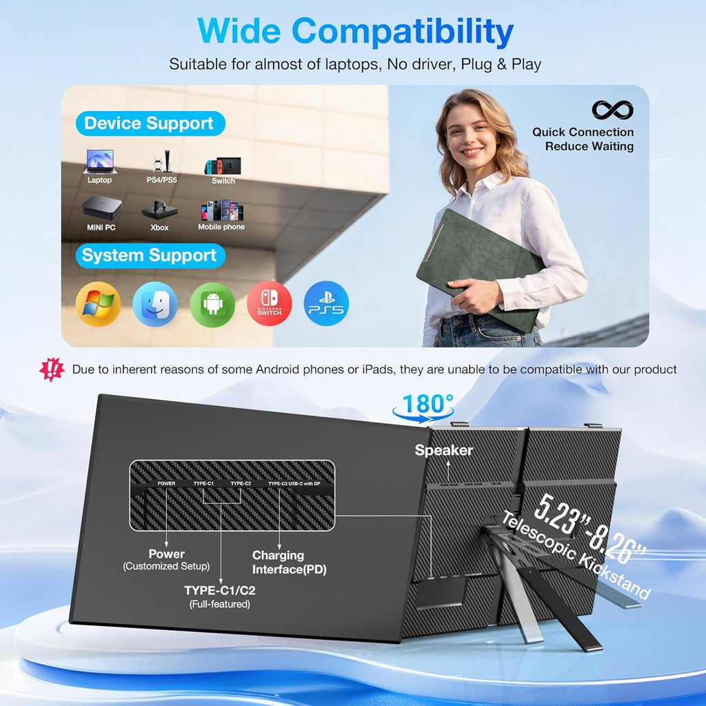 Laptop Screen Extender, Ultra-Thin 15.6' FHD 1200P 16:10 Portable Monitor for Laptop, Lightweight Dual Monitor Extender Plug & Play for 14.2'-17.3' Laptops, Compatible with Wins/Mac/Chrome/Linux