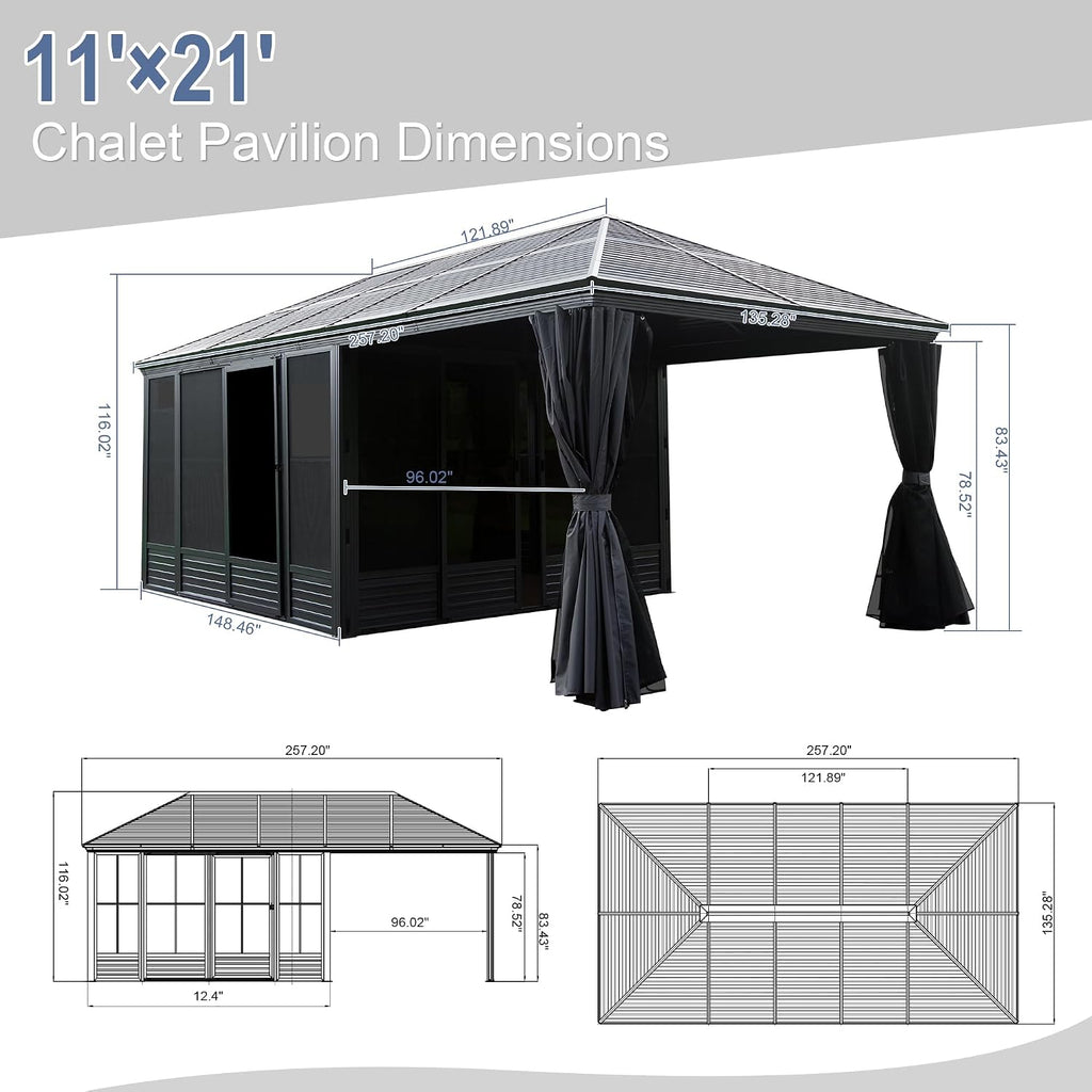 Domi 11x21FT Extended Outdoor Sunroom Kit, 4 Season Patio Solarium, Prefab Sunroom Kit with Aluminum Frame, Permanent Enclosed Gazebo with Curtains & Netting, 2 Sliding Doors, Movable PVC Windows