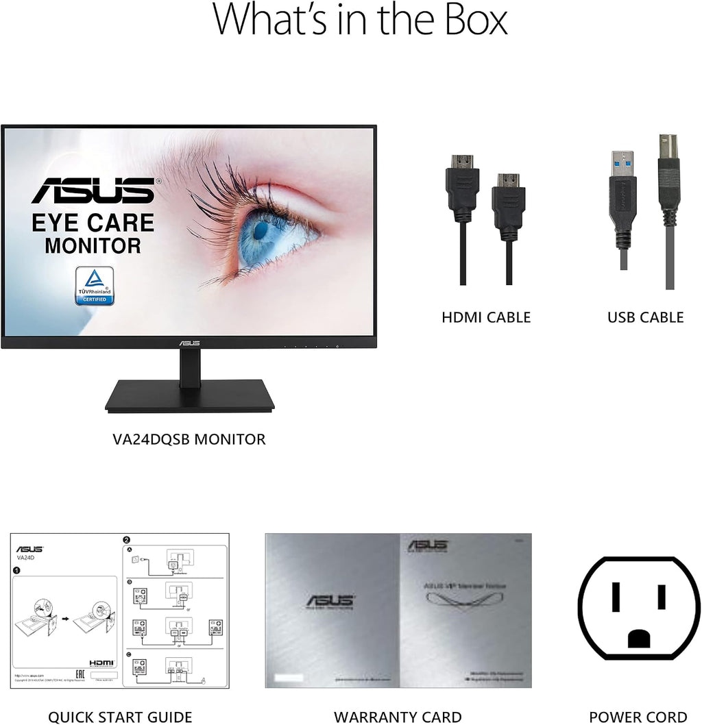 ASUS 24'1080P Monitor(VA24DQSB)-Full HD,IPS,75Hz,Speakers Adaptive-Sync Low Blue Light Flicker Free VESA Mountable Frameless, HDMI DisplayPort, VGA, USB hub Height Adjustable, Black,12.8'x21.3'x2.1'