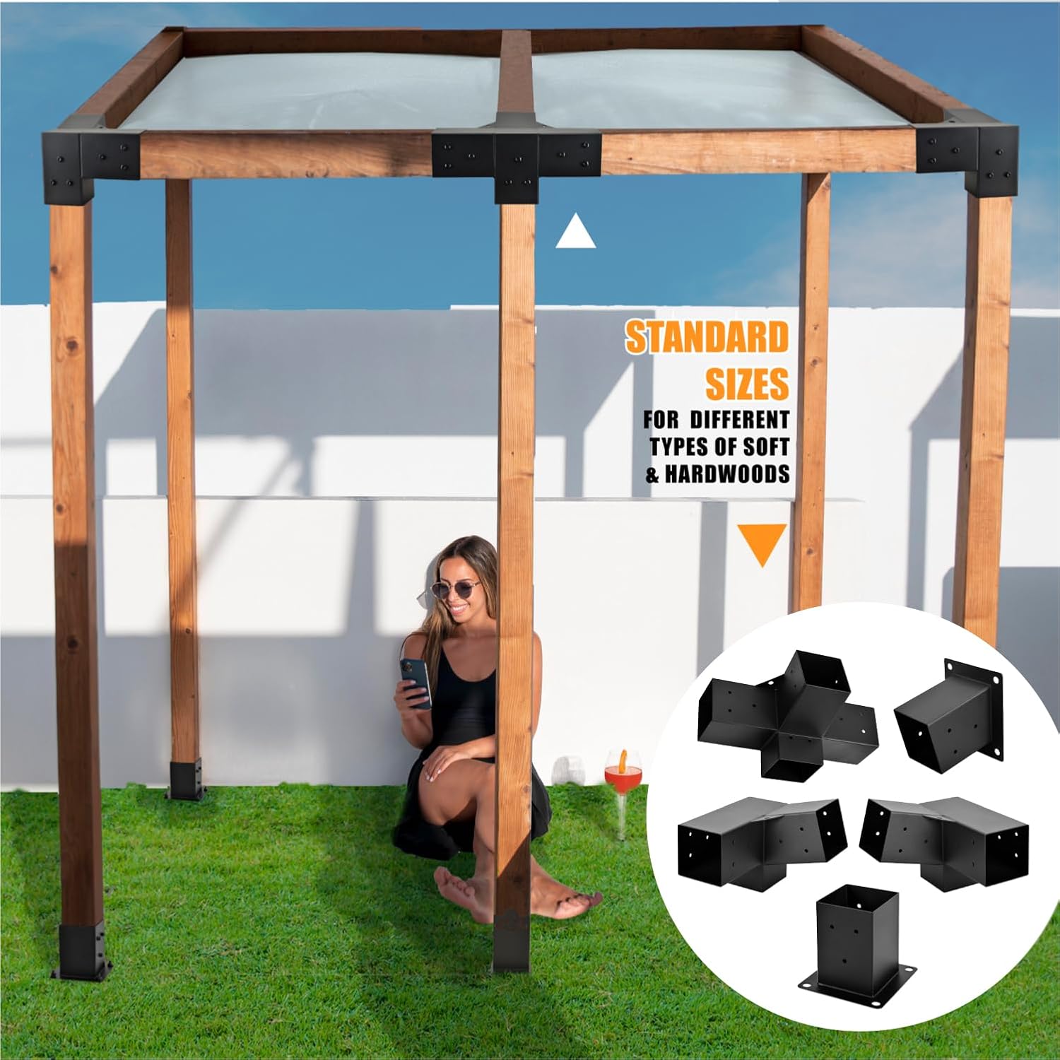 Pergola Kit, 15° 3-Way Slanted Roof Pergola Bracket Set, Roof Wall Mount Extension Bracket 4' x 4' (Actual 3.5' X 3.5') - Set 9