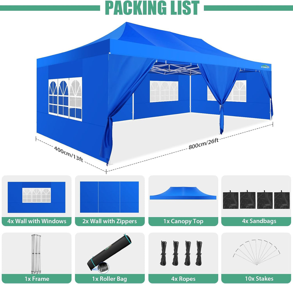 COBIZI 13x26 Heavy Duty Pop Up Canopy with 6 Sidewalls Party Tent Outdoor Wedding Large Event Tent with Roller Bag for Garden Lawn Waterproof UPF 50+ Easy Up, Blue (Framework Upgraded)