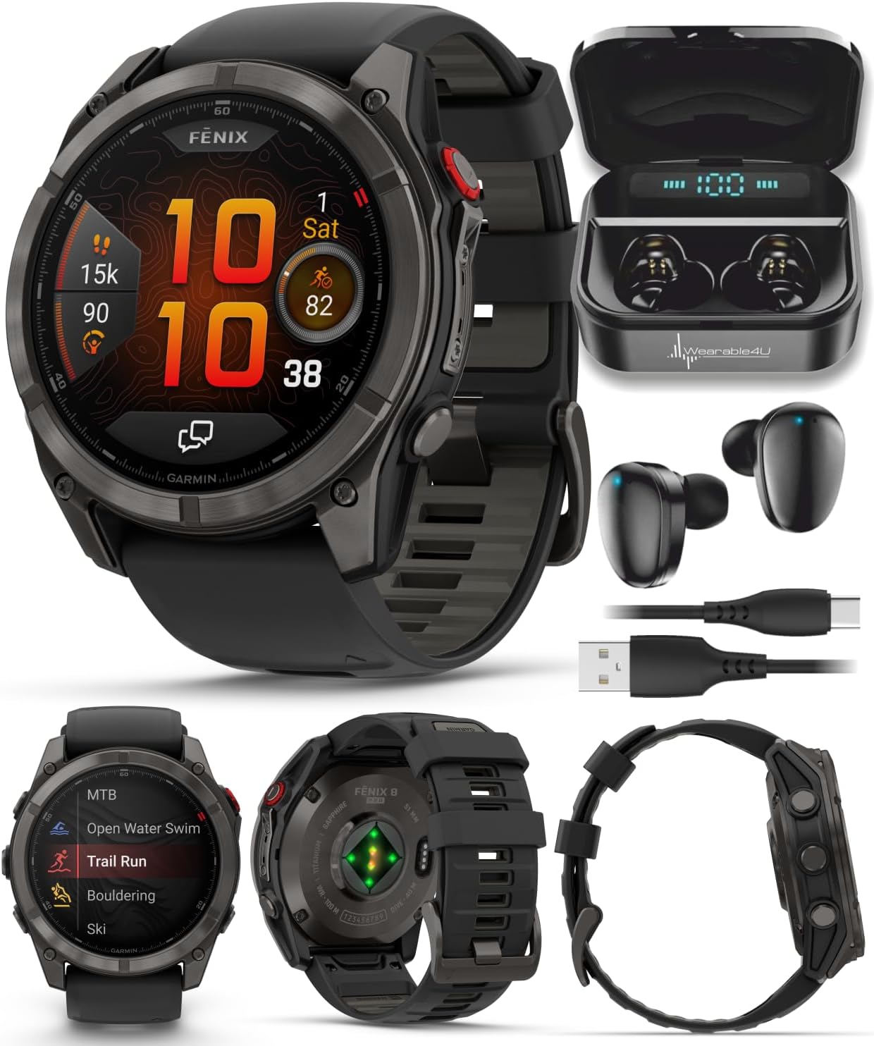 Garmin Fenix 8 Pro 51mm AMOLED Sapphire Premium Connected Multisport GPS Smartwatch, inReach Technology, Carbon Gray DLC Titanium w/Black Silicone Band with Black Earbuds Bundle
