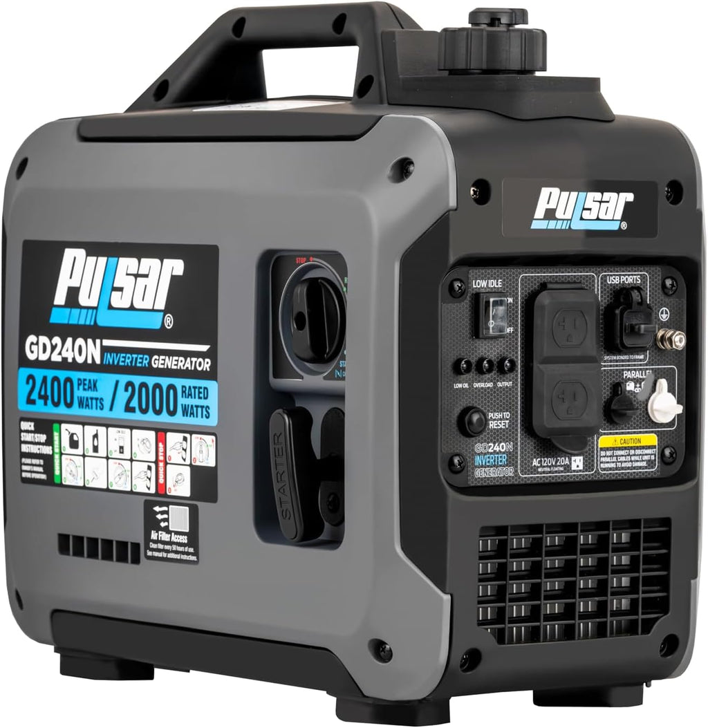 Pulsar 2,400W Portable Gas-Powered Quiet Inverter Generator With USB Outlet & Parallel Capability, GD240N