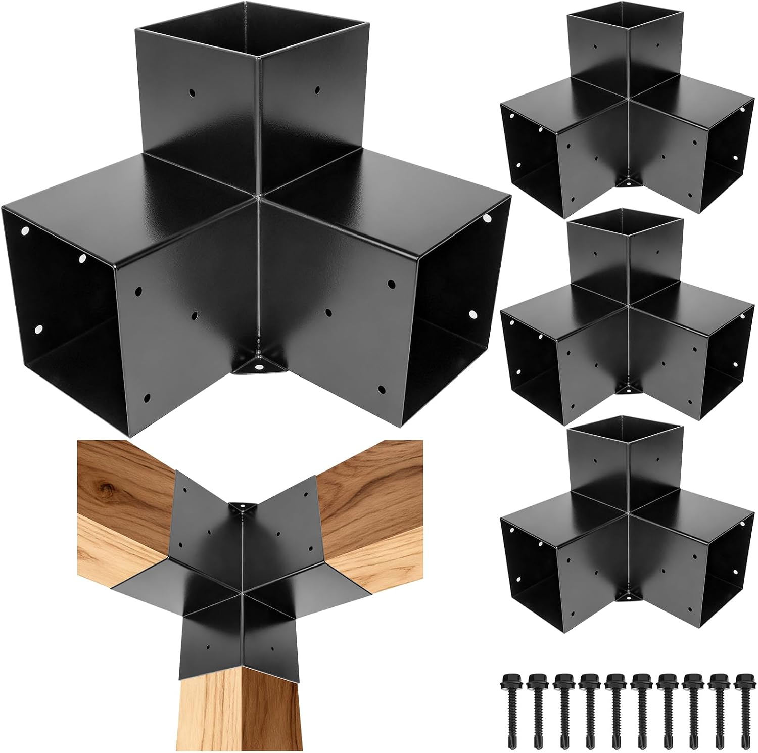 Pegola Bracket Kits 4PacK,3-Way Right Angle Corner Woodwork Brackets for 6'x6' (Actual:5.5'x5.5') Lumber,DIY Metal Wood Beam Brackets for Patio Pavilion,Log Cabin Outdoor Kitchen with Screws