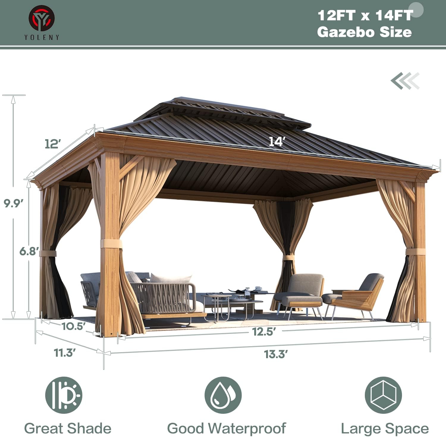 YOLENY 12' x 14' Hardtop Gazebo Wood Grain Aluminum Frame Gazebo, Outdoor Permanent Metal Pavilion with Netting and Curtains for Deck, Backyard, Patio, Lawns