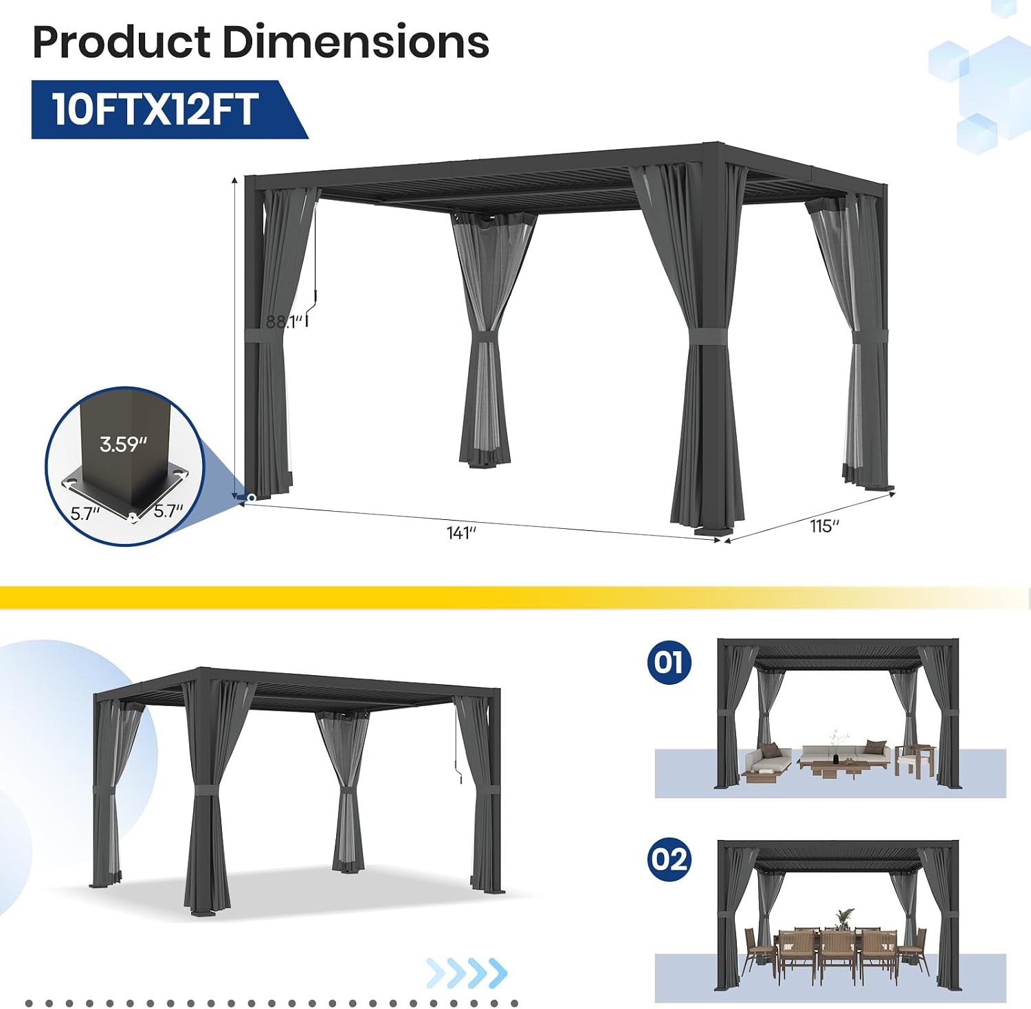 10'×12' Outdoor Louvered Pergola, Aluminum Outdoor Louvered Pergola Patio with Adjustable Roof for Outdoor Deck, Backyard, Garden (10x12FT with Curtain)