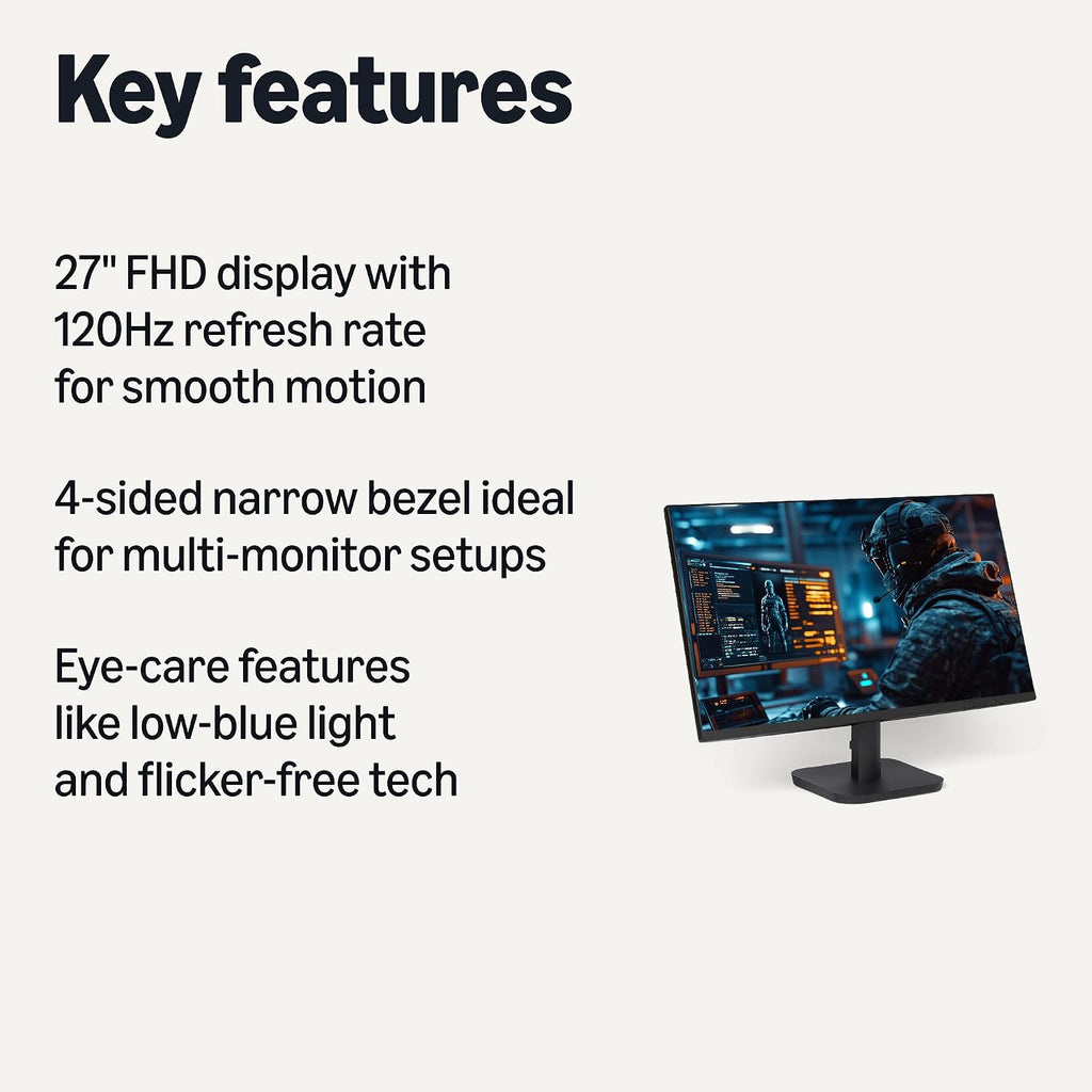 Amazon Basics 27-inch Computer Monitor, 120 Hz, 1080P, IPS, HDMI, DisplayPort, VESA Compatible for Office, Home