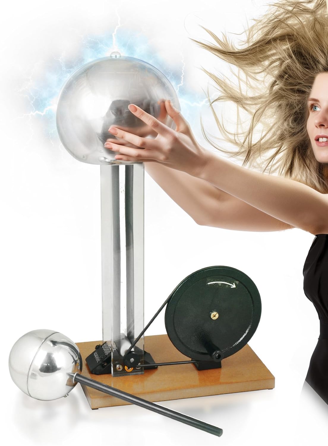 EISCO Hand Crank Van de Graaff Generator, up to 100kV - Static Electricity Generator, Hand Generator - 7.5' Dome, 4' Discharge Sphere, 22' Tall