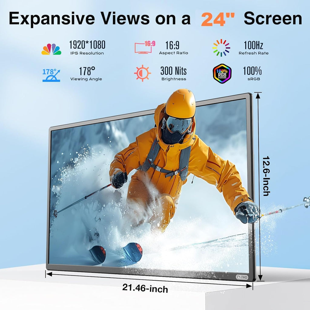 24' Large Portable Monitor, 1080P FHD 100Hz IPS Monitor, Height-Adjustable & Rotatable Screen(Horizontal/Vertical), Built-in Speakers, Requires Wall Outlet, Travel Monitor for Laptop / MacBook / PC